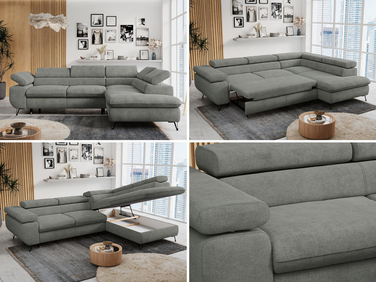 ECKSOFA PETER L Grau Struktur - Rechts Seite - Schwarz/Grau, Textil/Metall (273/208cm) - MKS