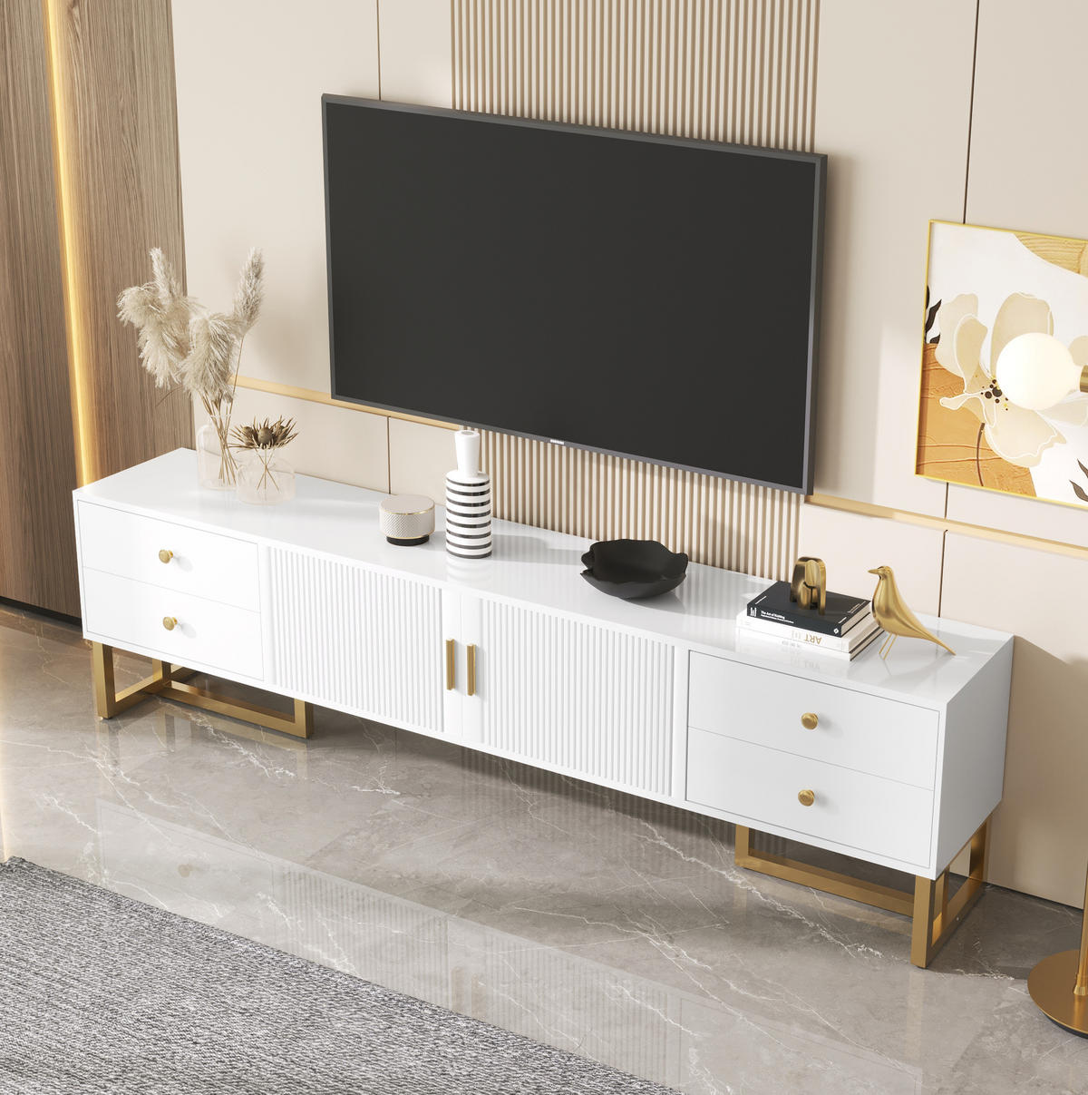 TV-SCHRANK in Weiß mit 4 Schubladen, 2 Türen und goldfarbenen Füßen 175/30/46 cm - Weiß, Holzwerkstoff (175/46/30cm) - Redom