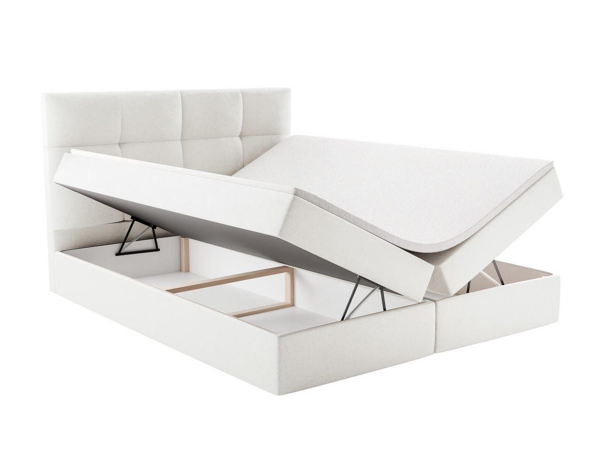 BOXBETT MORENO mit Bettkasten 180x200 cm inkl. Bonell-Federkernmatratze H3 und Topper – Polsterbett Stoff ASTI Weiß - Weiß, Textil (180/200cm) - Luxkor24