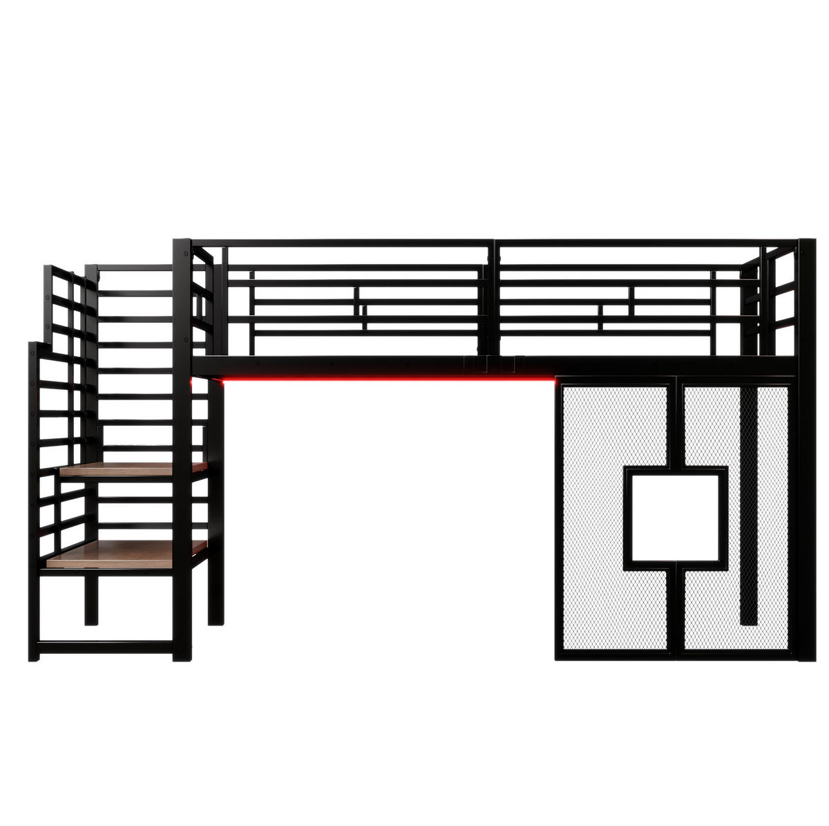 HOCHBETT 90/200 cm mit Stauraumtreppe, LED-Beleuchtung und Fenstern, Schwarz - Schwarz, Metall (90/200cm) - Redom