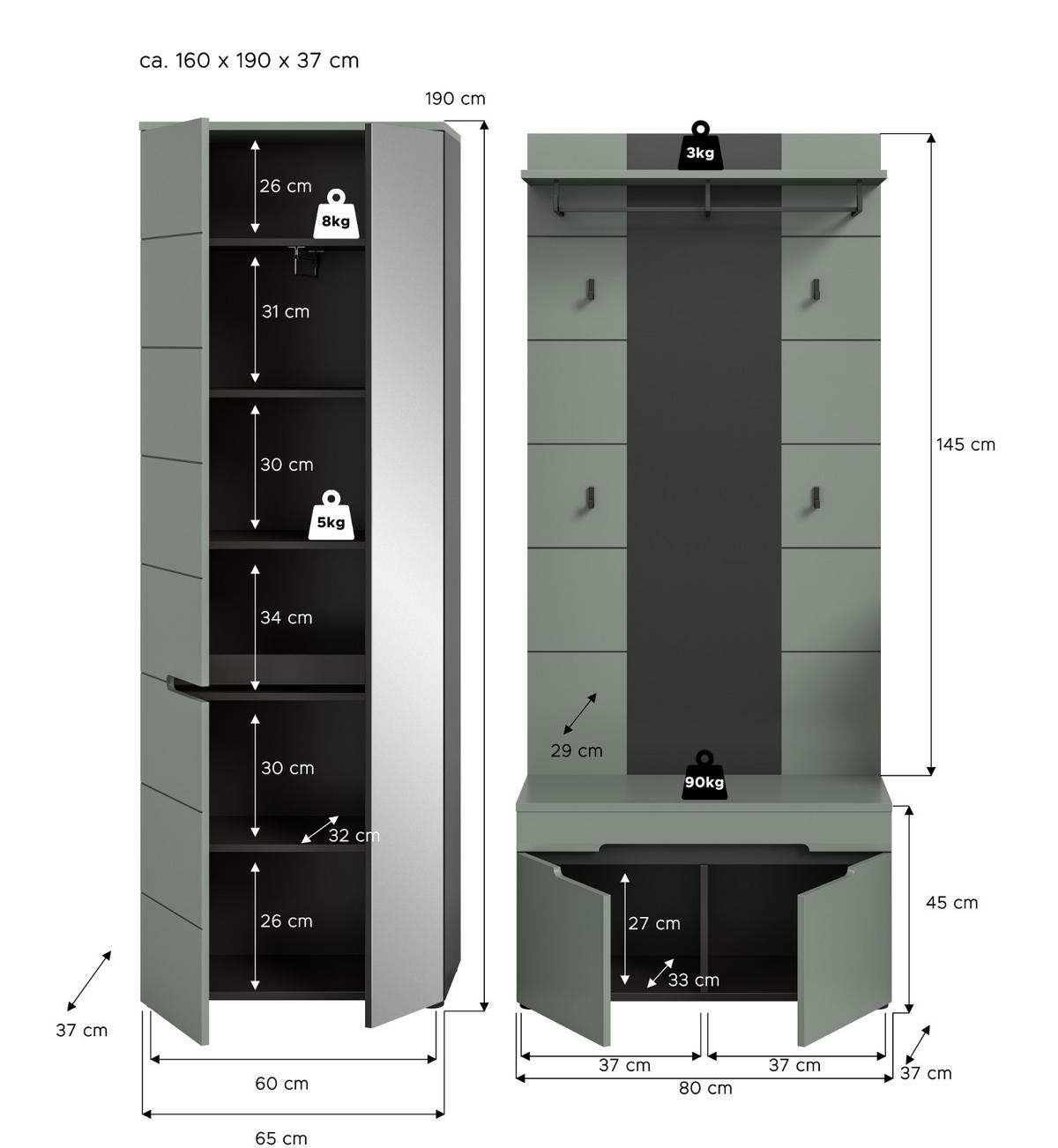GARDEROBE-SET Salbei und Grau, 3-teilig, 160 x 190 cm, Soft-Close, Cooper - Salbeigrün/Schwarz, Holzwerkstoff/Kunststoff (160/190/37cm) - Inn.Furn