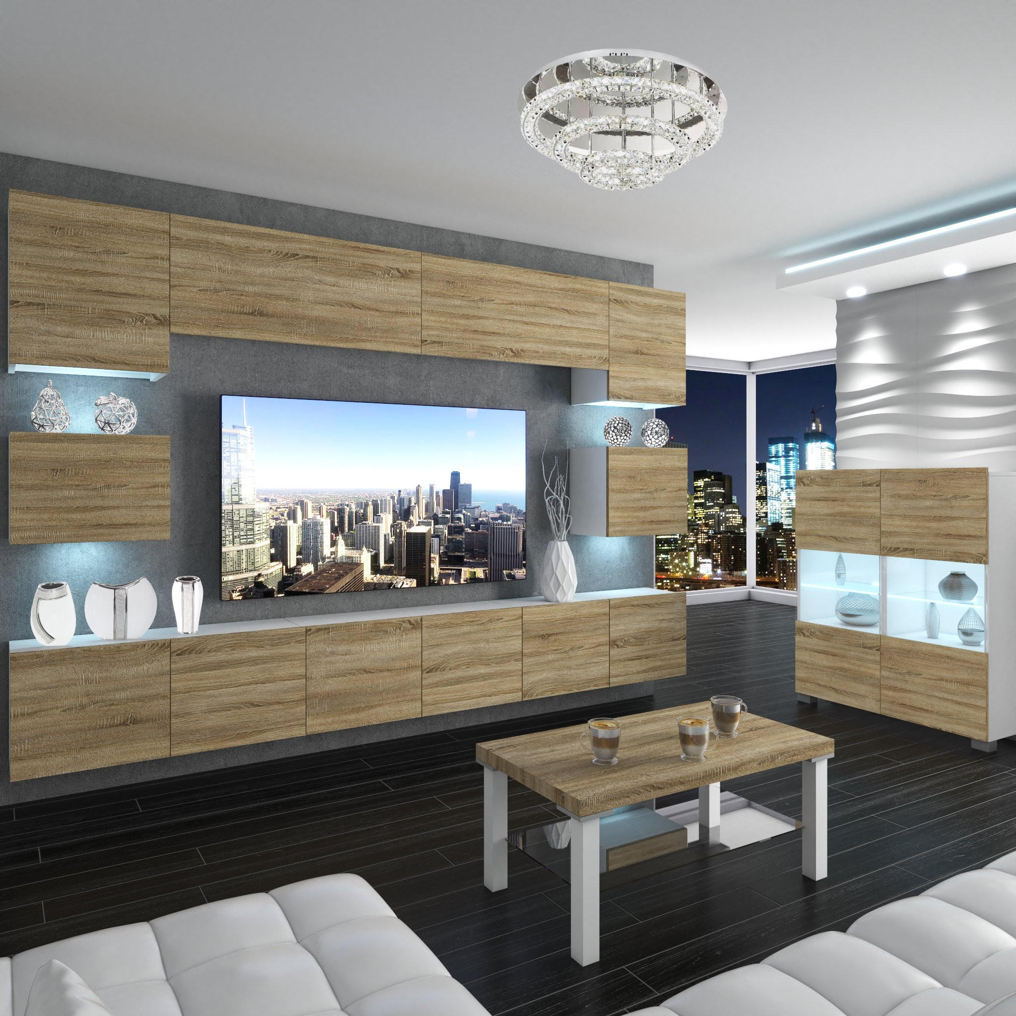 WOHNZIMMERWAND Schrankwand mit LED Sonoma Eiche - Beige, Holz (300/180/36cm) - B BELINI GROUP