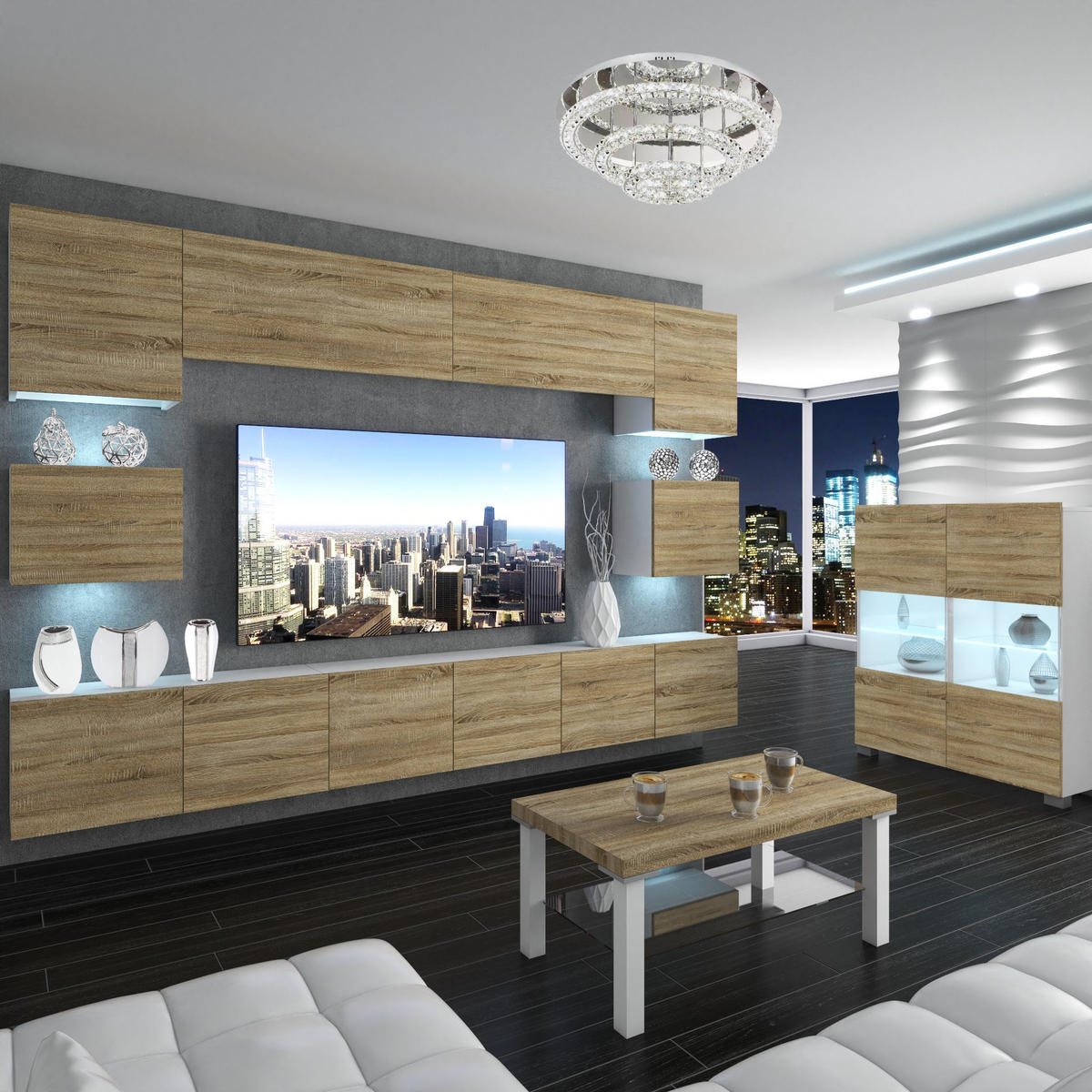 WOHNZIMMERWAND Schrankwand mit LED Sonoma Eiche - Beige, Holz (300/180/36cm) - B BELINI GROUP