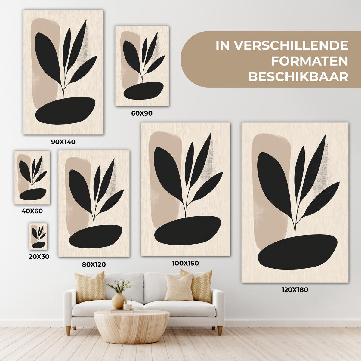 LEINWANDBILD Pflanze - Beige - Japanisch Wanddeko Schlafzimmer 60x90 cm - Schwarz, Textil (60/90cm) - MuchoWow