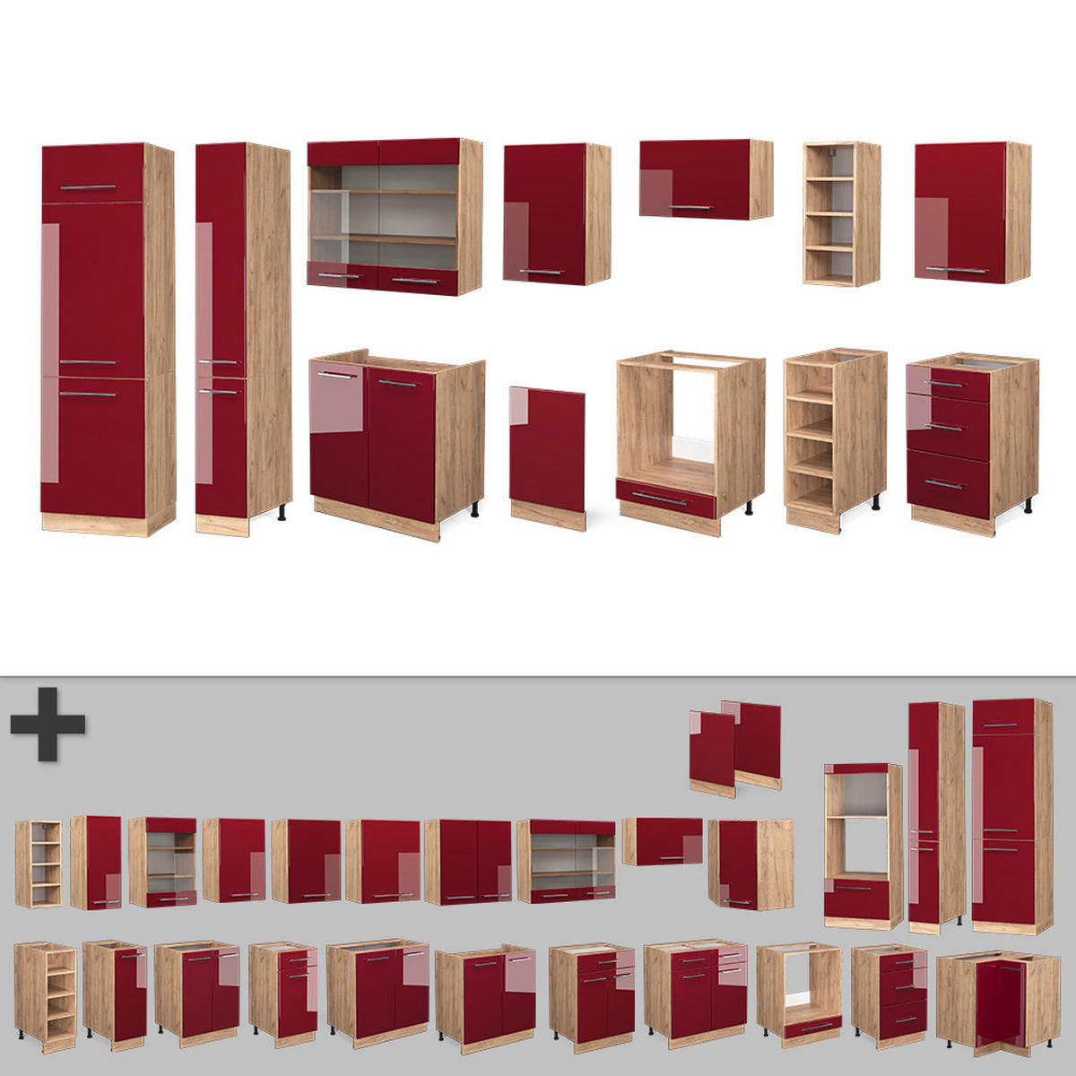KÜCHENZEILE Fame-Line Bordeaux Hochglanz/Goldkraft Eiche 355 cm AP Marmor - Honigeiche/Bordeaux, Holzwerkstoff (355/81.6/60cm) - Vicco