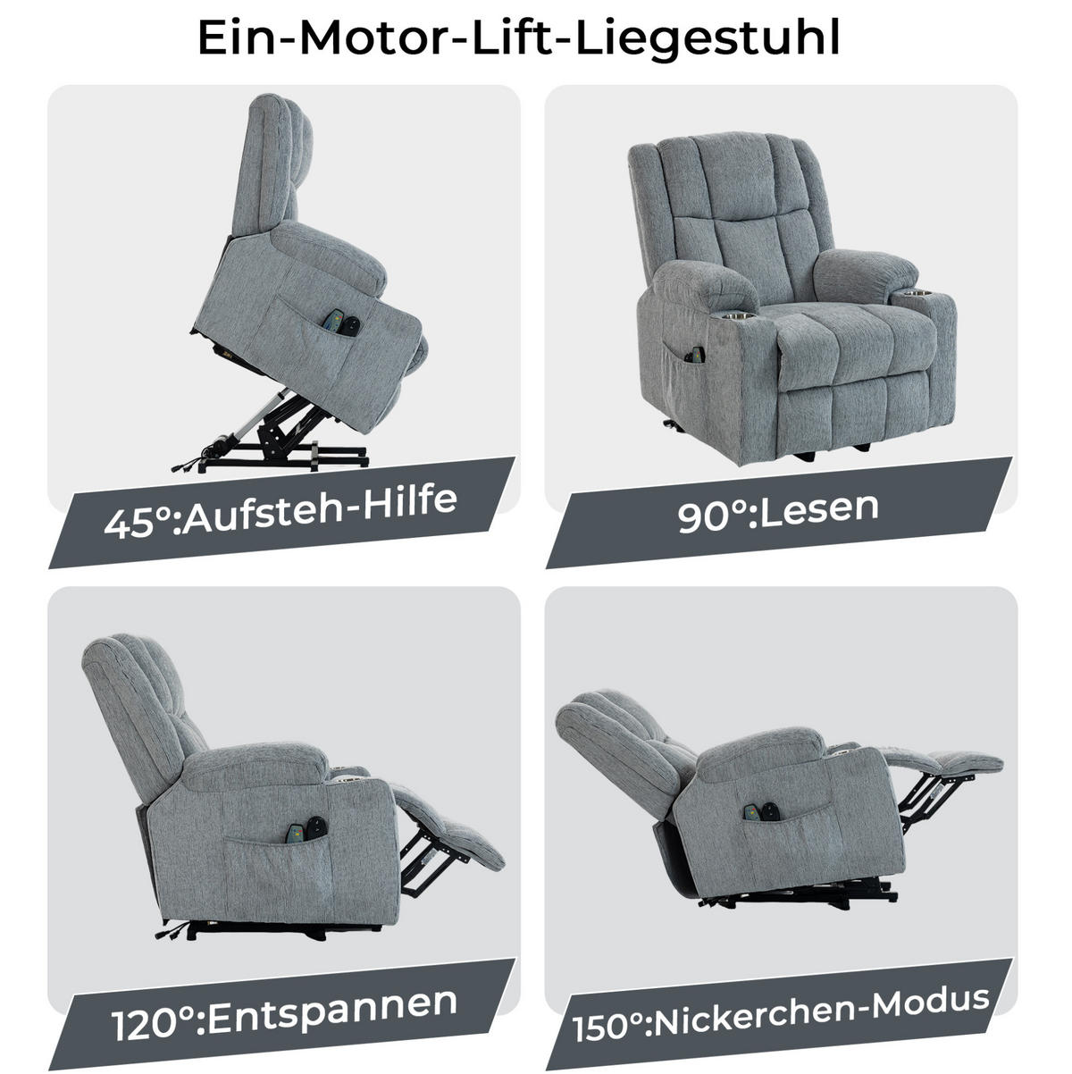 RELAXAČNÍ křeslo světle šedé ze sametu s elektrickým polohováním, výklopnou pomocí a masáží - světle šedá, textil (84/106/91cm) - OKWISH