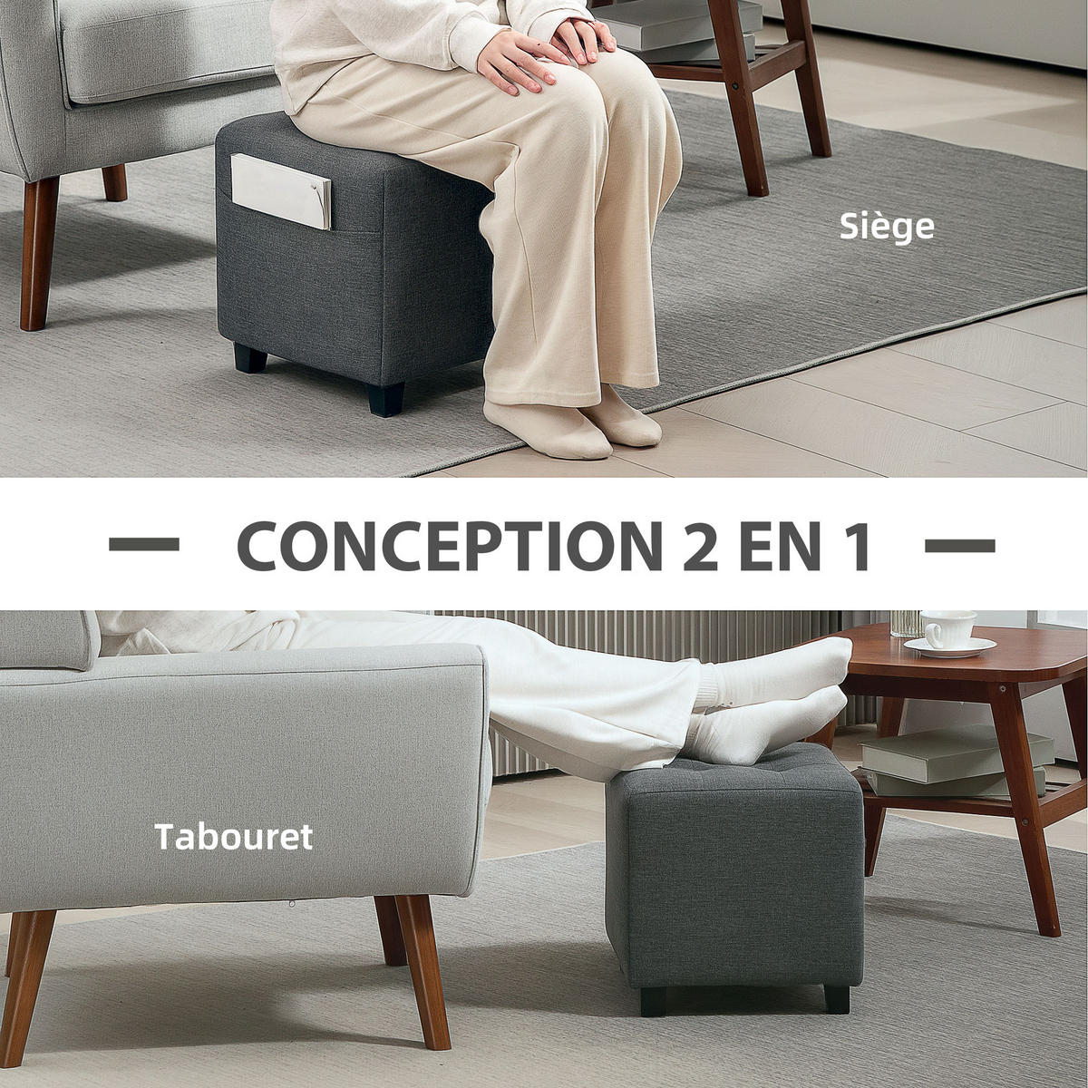 HOCKER DE-16456 mit Seitentasche und Knopfheftung Grau - Grau, Holzwerkstoff (35/35/35cm) - ComfortXL