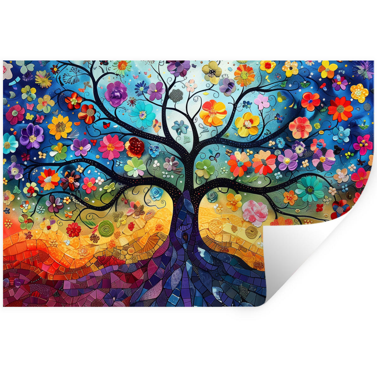 WANDTATTOO Kunst - Baum des Lebens - Blumen - Hippie 120x80 cm - Dunkelblau, Kunststoff (120/80/0.1cm) - MuchoWow