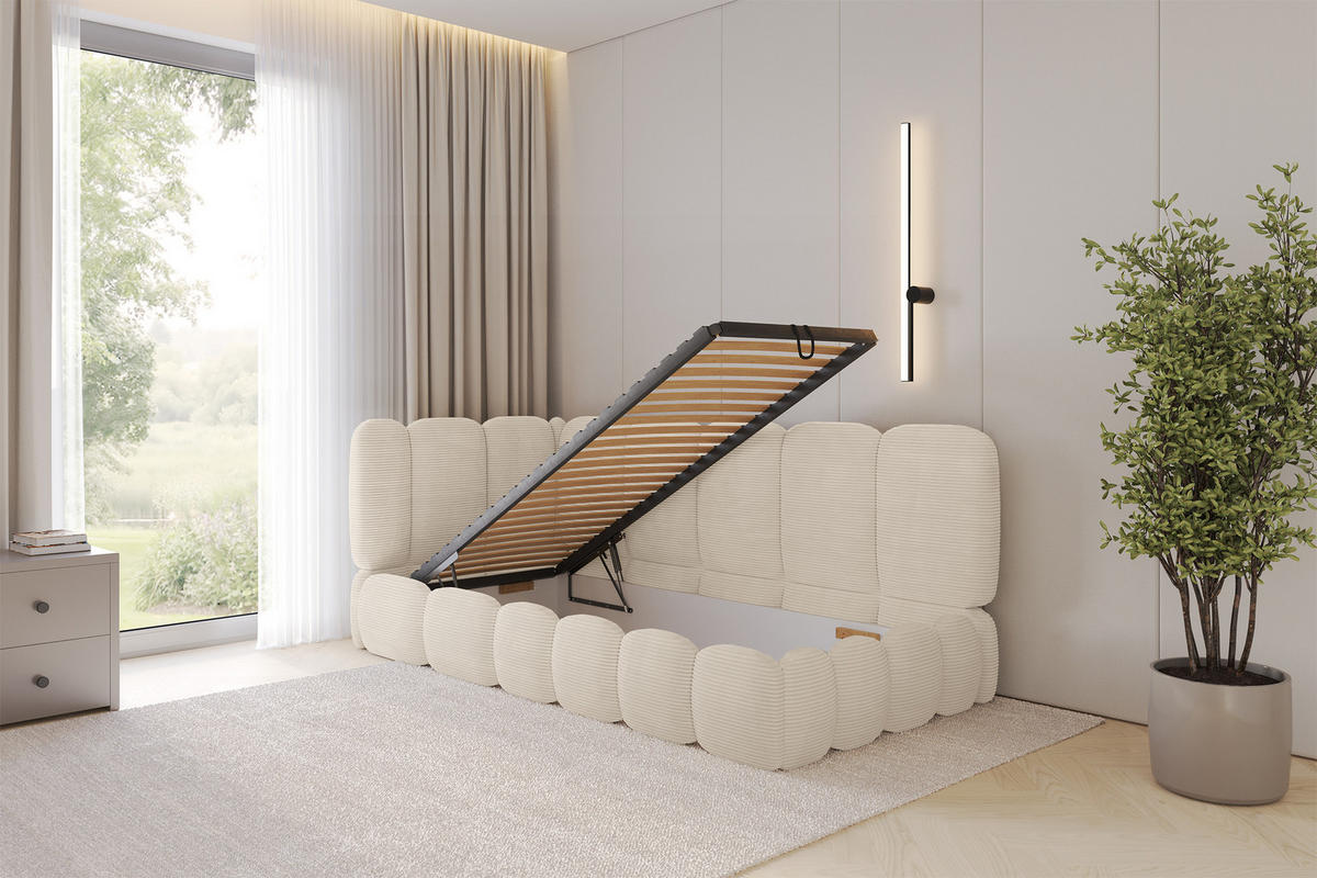 EINZELLBETT Jugendbett mit Bettkasten und Matratze H3/H4, Rechts - AVRY 80x200 Beige - Kaschmir, Holzwerkstoff/Textil (80/200cm) - ALTDECOR
