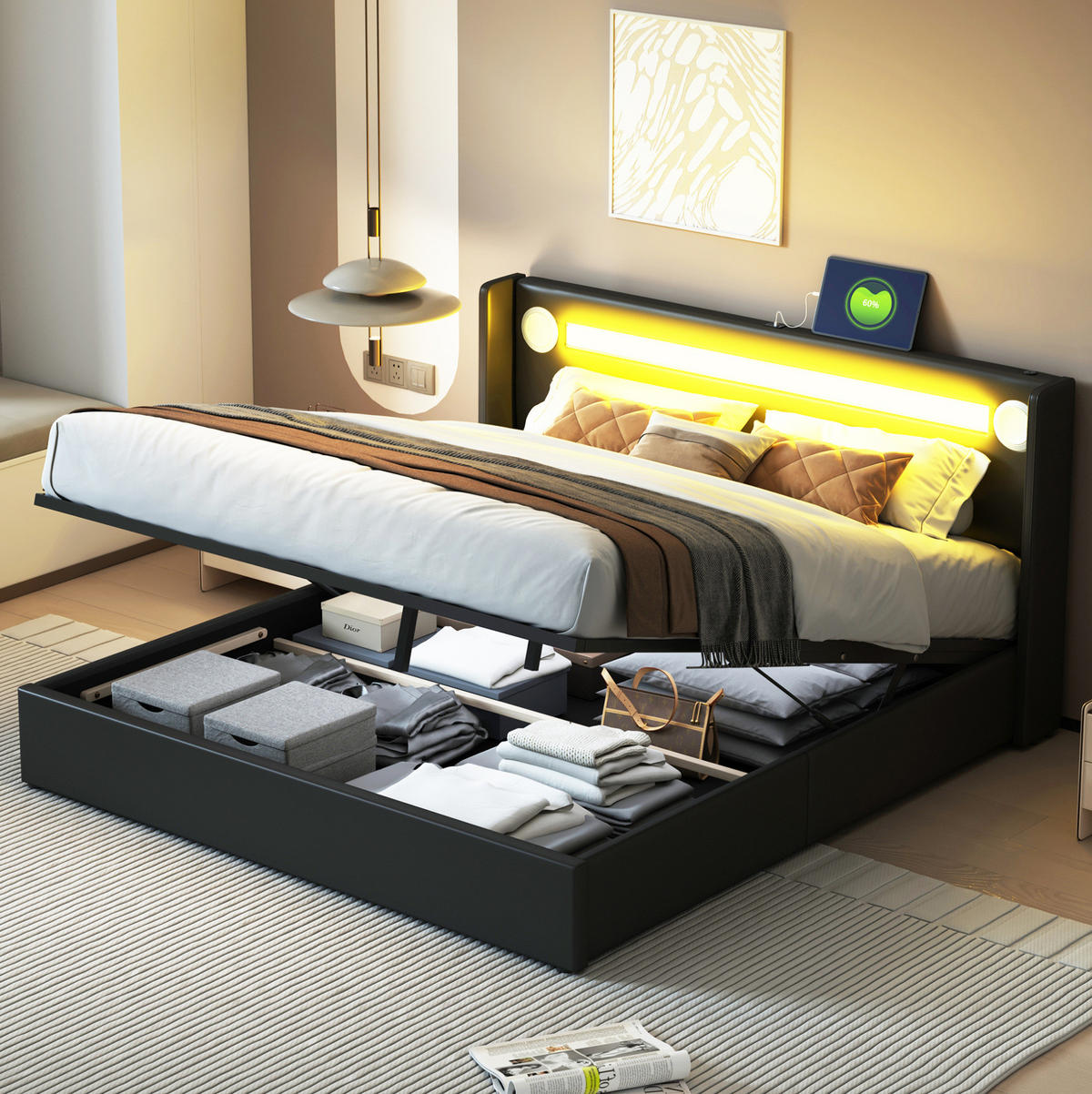 POLSTERBETT 160/200 cm schwarz mit LED-Beleuchtung und Bluetooth-Player - Schwarz, Kunststoff (160/200cm) - OKWISH