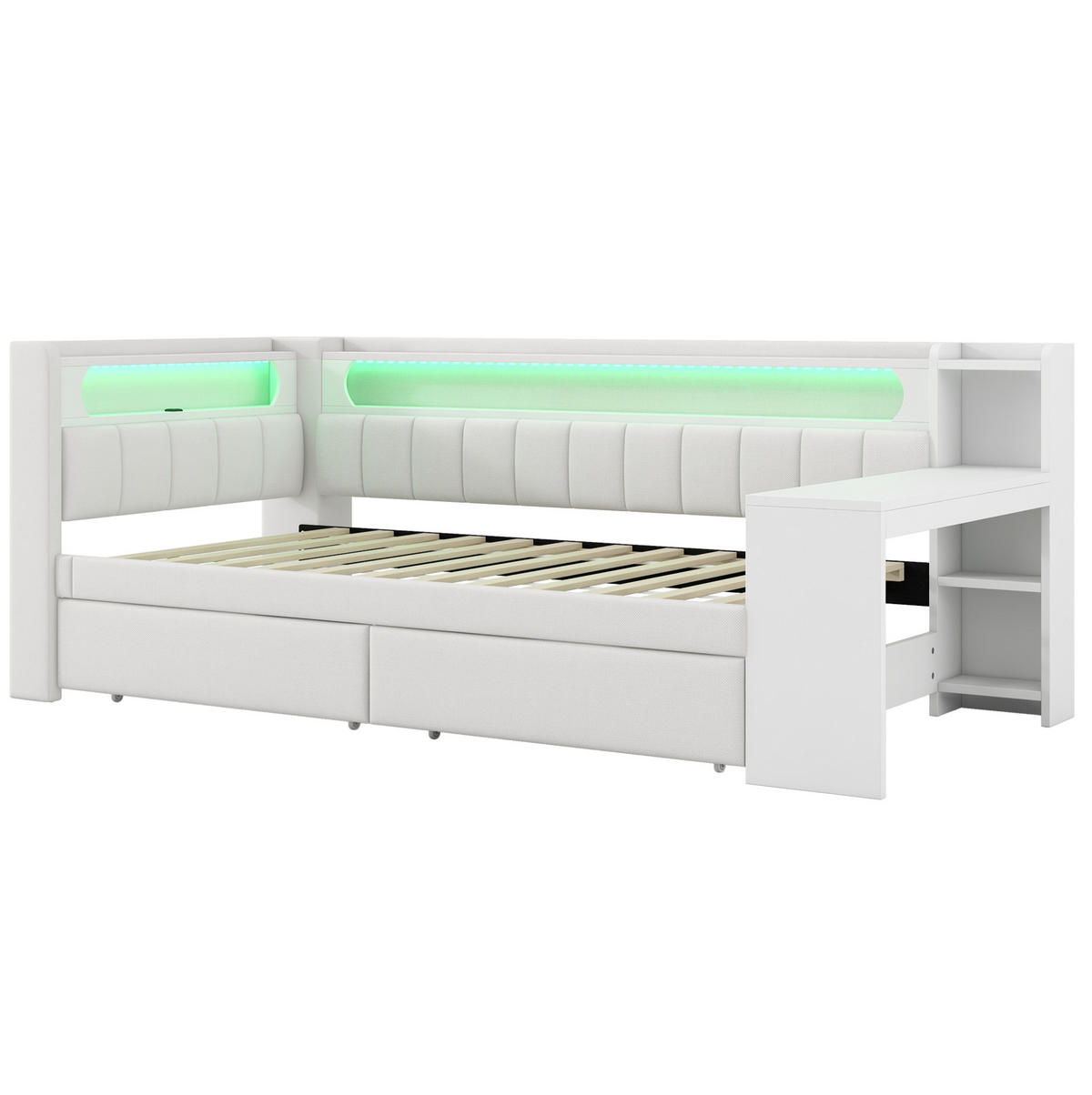 POLSTERBETT 90/200 cm mit LED-Beleuchtung, USB und Schreibtisch in Weiß - Weiß, Holzwerkstoff (90/200cm) - BEAOK