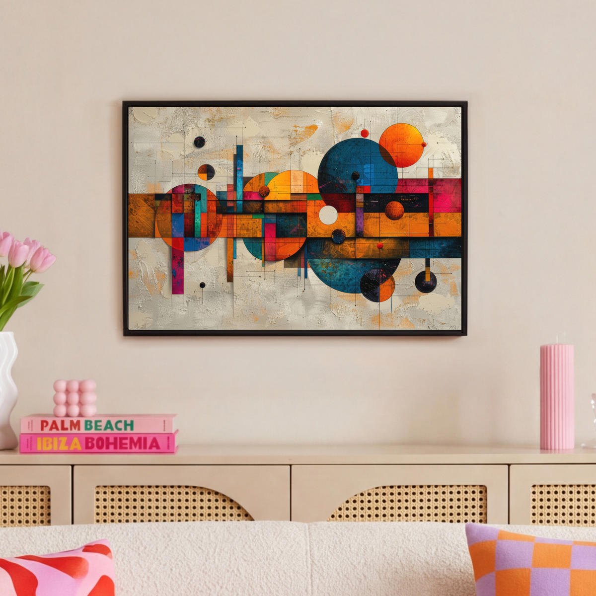 LEINWAND Bilder mit Rahmen - Vintage - Moderne Kunst - Orange - Geometrische Formen - 60x40 - Multicolor, Textil (60/40cm) - MuchoWow