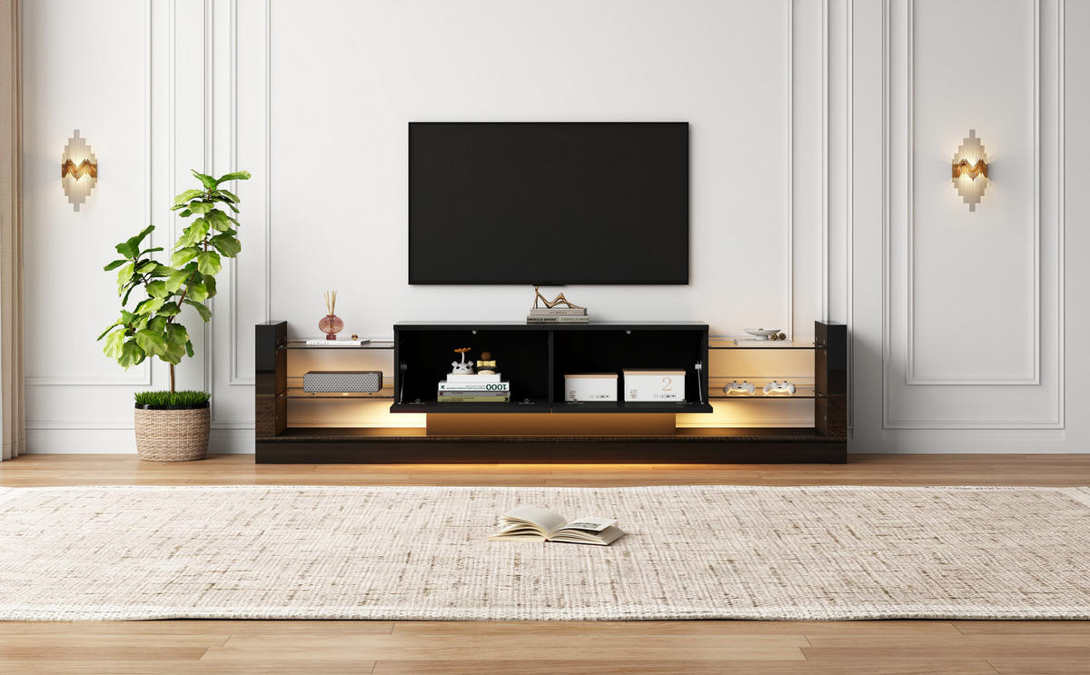 TV-ELEMENTSCHWARZ Hochglanz181cmLEDBeleuchtung für Fernseher bis 80 Zoll - Schwarz, Holz (45.72/15.88/101.6cm) - Raelunyi