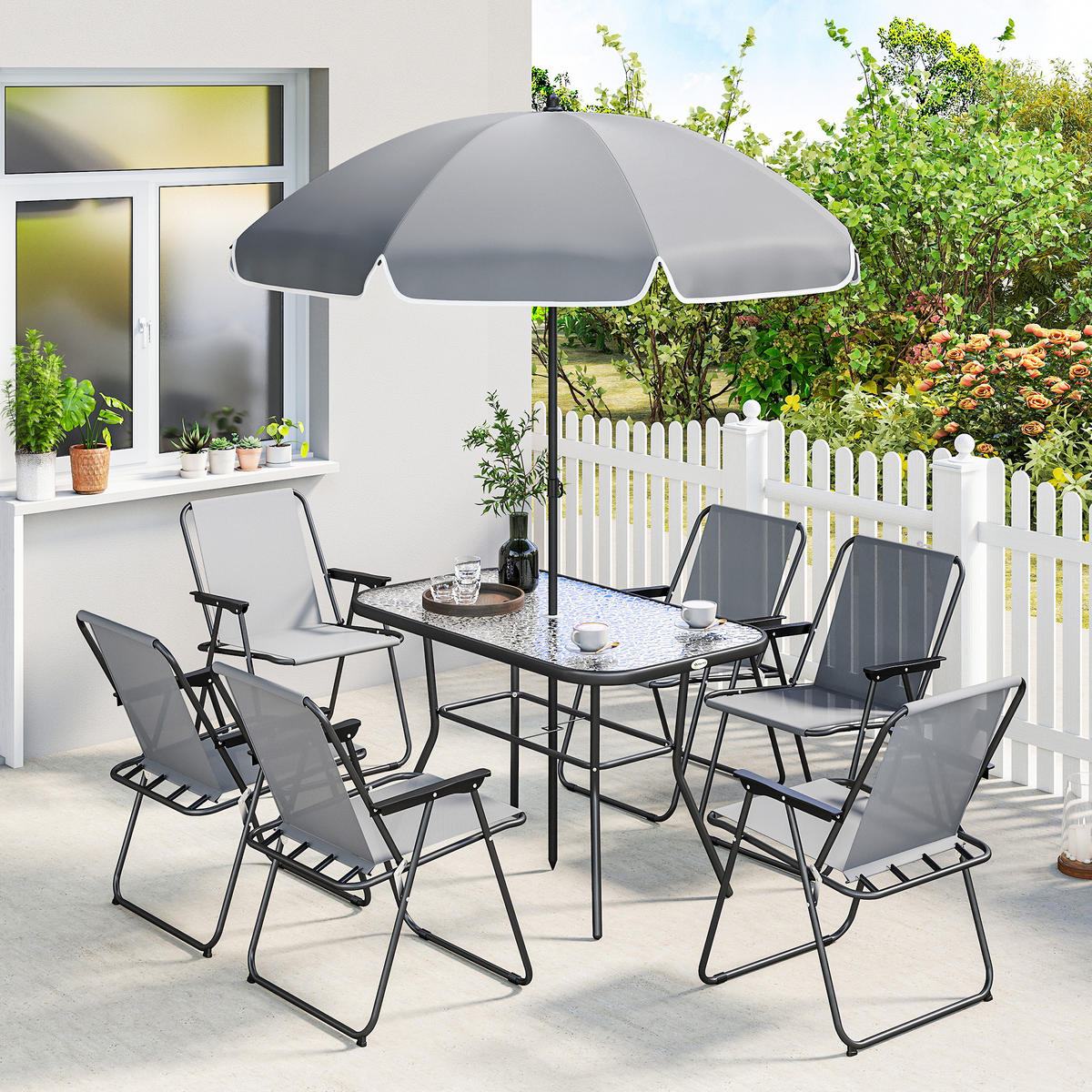 OUTDOOR-ESSGRUPPE 8er Set Stahl Netzstoff Grau - Schwarz/Grau, Metall - Outsunny