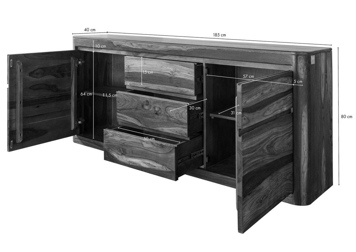 SIDEBOARD Sheesham 185x40x80 walnuss gewachst TORONTO #202 - Walnussfarben, Holzwerkstoff (185/80/40cm)