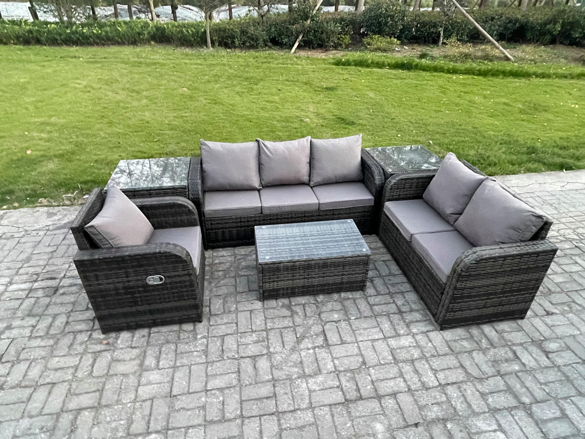 GARTENSET Polyrattan Dunkelgrau 6-Sitzer - Dunkelgrau/Grau, Glas/Kunststoff - Fimous