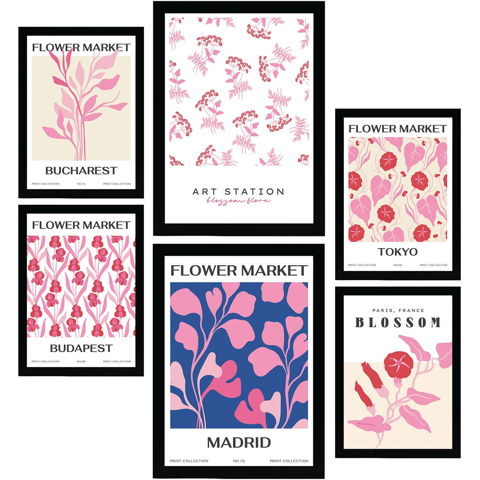 POSTER Set Mit 6 Blumen Feldblumen Natur Und Botanikdrucke Für Innenarchitektur A3 & A4 Schwarzer Rahmen - Schwarz, Papier (29/3cm) - Nacnic