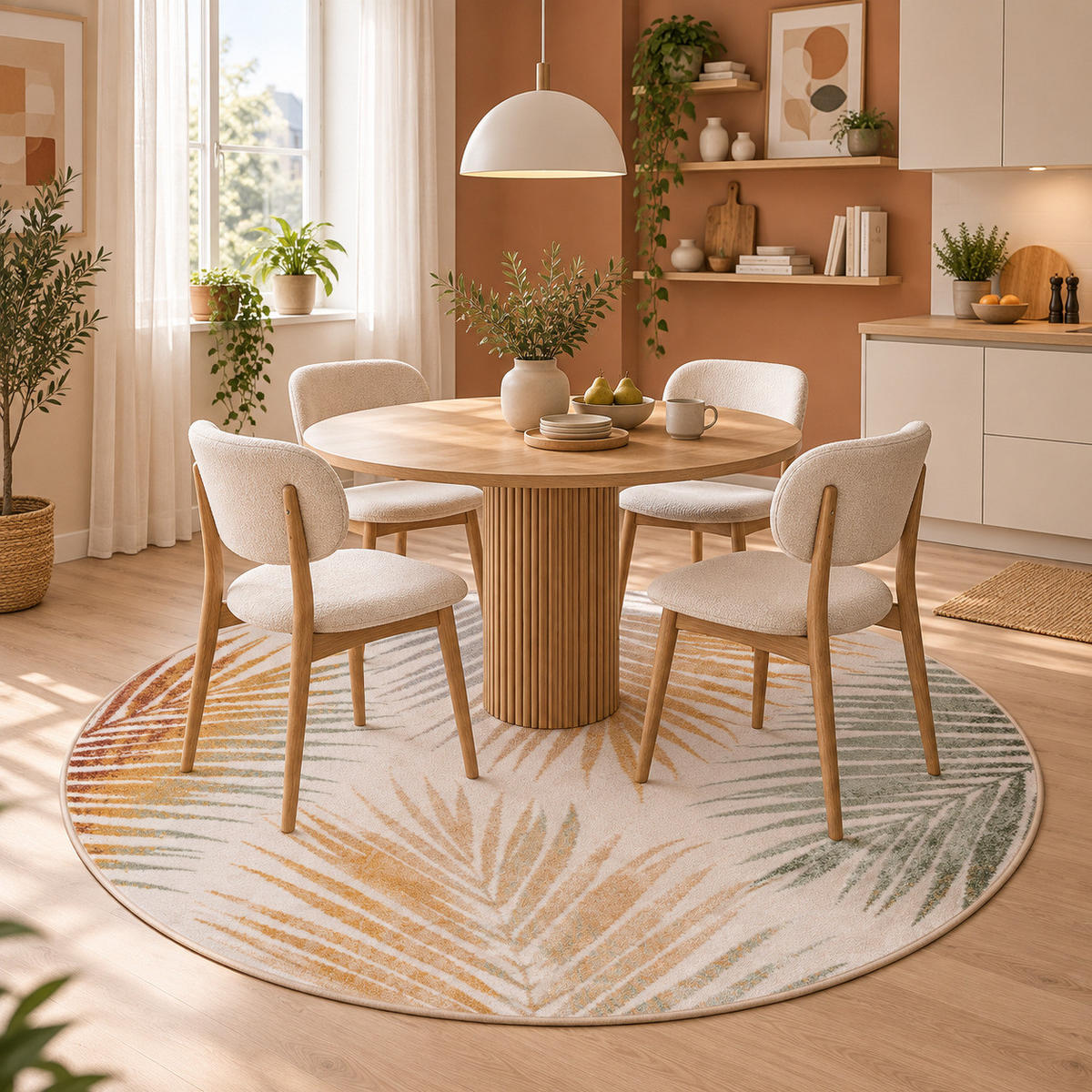 DESIGNER TEPPICH FARO TROPICAL BLÄTTER RUND - Naturfarben, Textil (160/160cm) - Pergamon