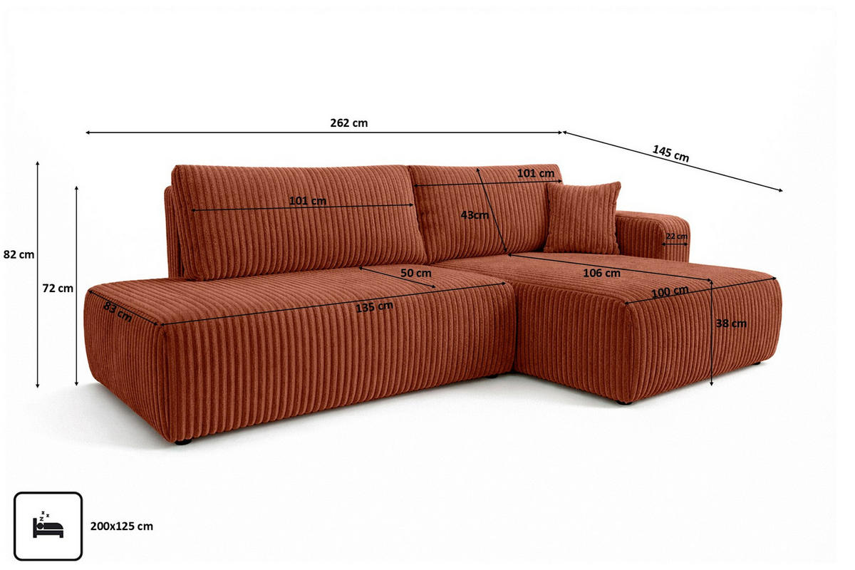ECKSOFA Mit Schlaffunktion Und Bettkasten, Cordstoff Tilia, Kupfer, Rechts, OPEN XL - Orange, Holz (262/145cm) - Kaiser Möbel