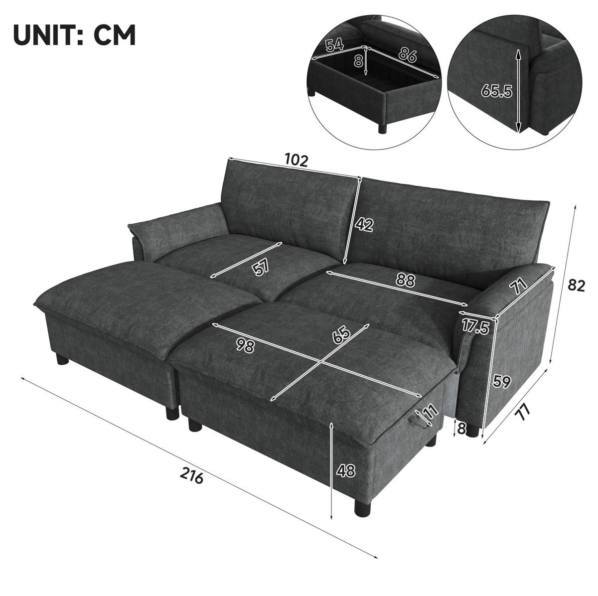 SOFA mit Fußhocker und Stauraum 216 x 77 x 82 cm Chenille Schwarz - Schwarz, Holzwerkstoff (77/82/216.1cm) - Meubliv