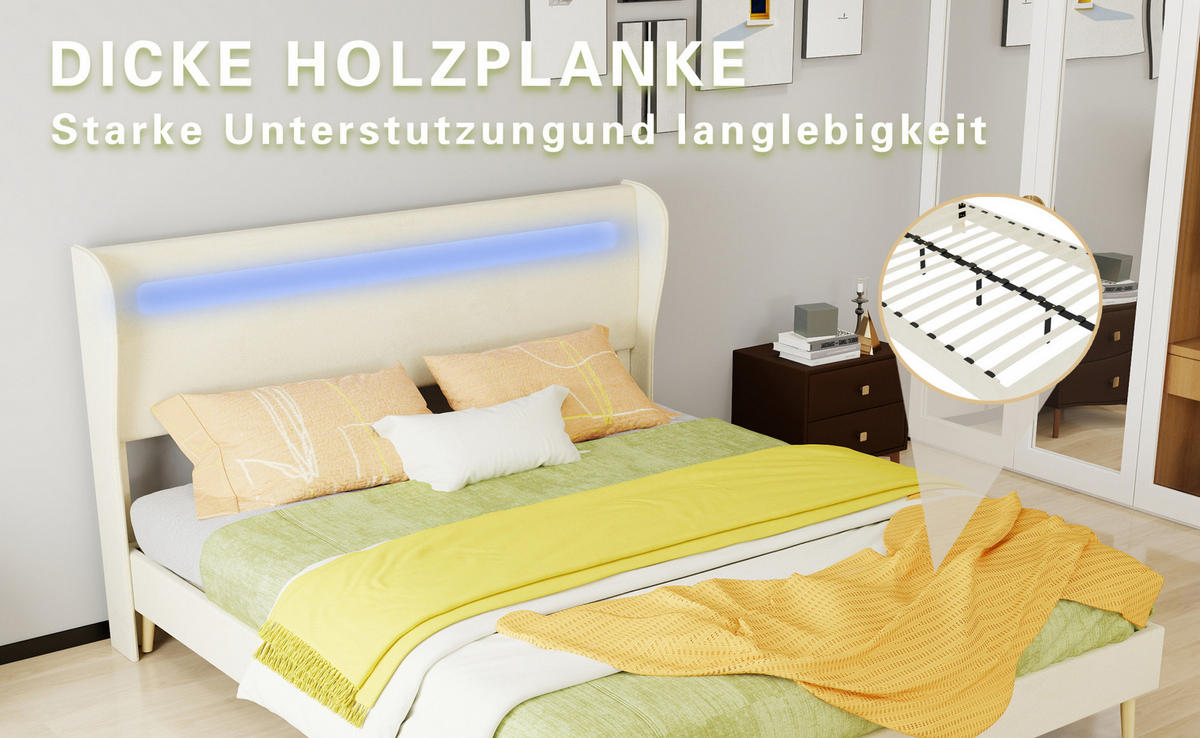 POLSTERBETT 160/200 cm mit verstellbarer Rückenlehne und LED-Beleuchtung, Beige - Beige, Textil (160/200cm) - Redom