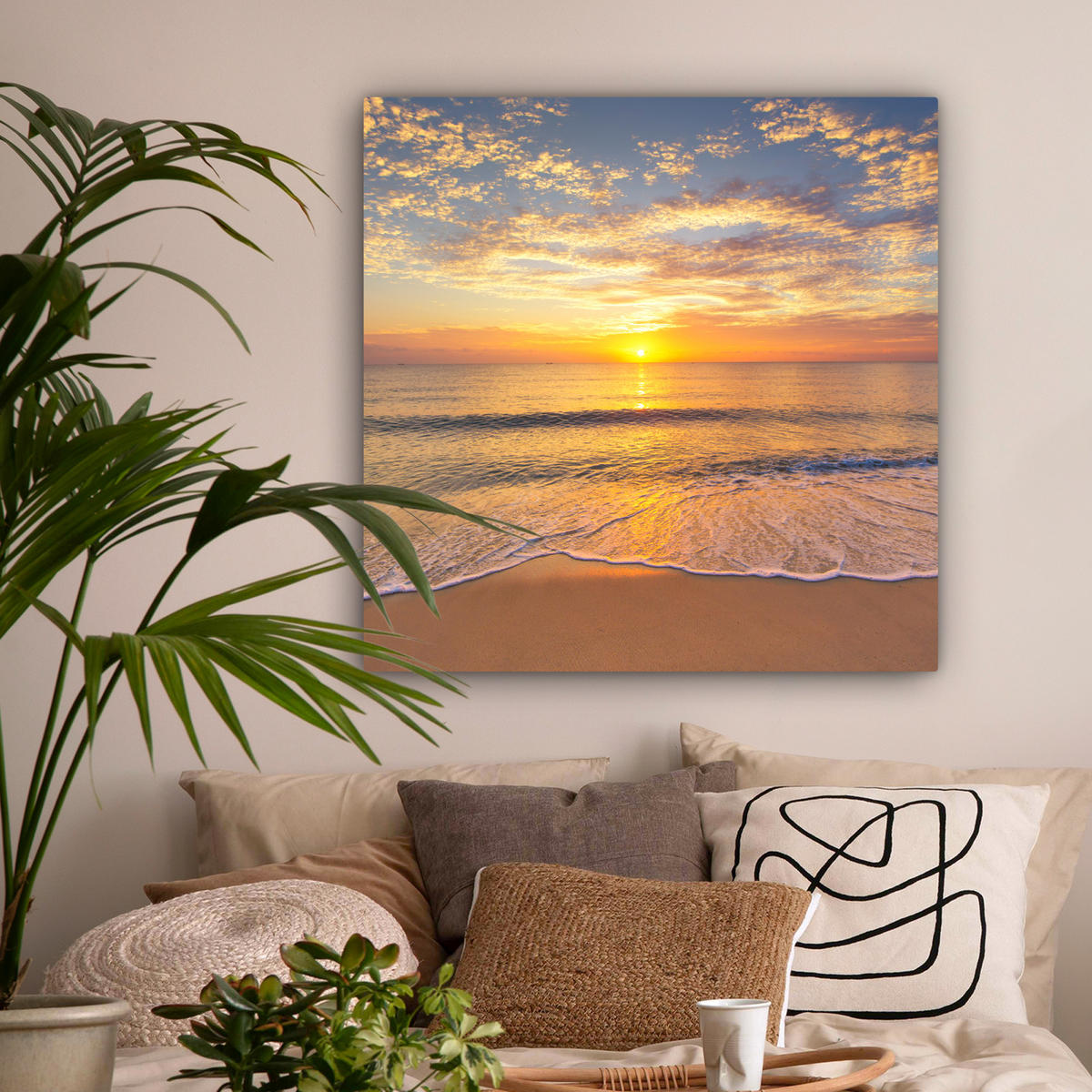 LEINWANDBILD Strand - Sonnenuntergang - Meer Deko Groß 90x90 cm - Gelb, Textil (90/90cm) - MuchoWow
