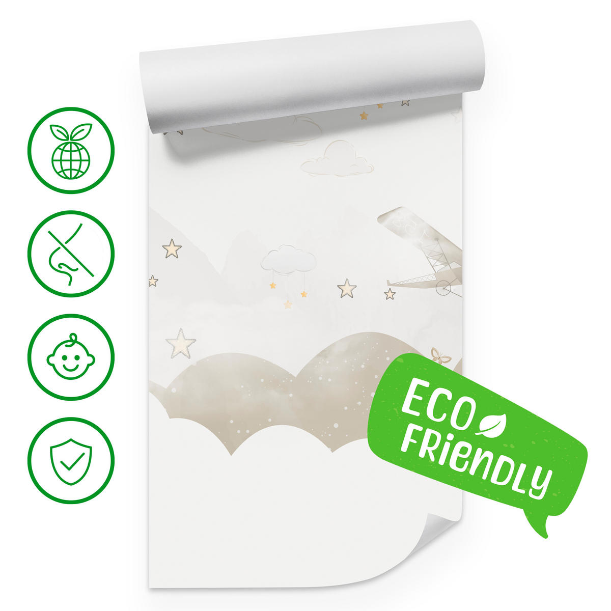 FOTOTAPETE für Kinderzimmer Flugzeuge Wolken Sterne Himmel 300x210 - Gelb/Beige, Papier (300/210cm) - Muralo