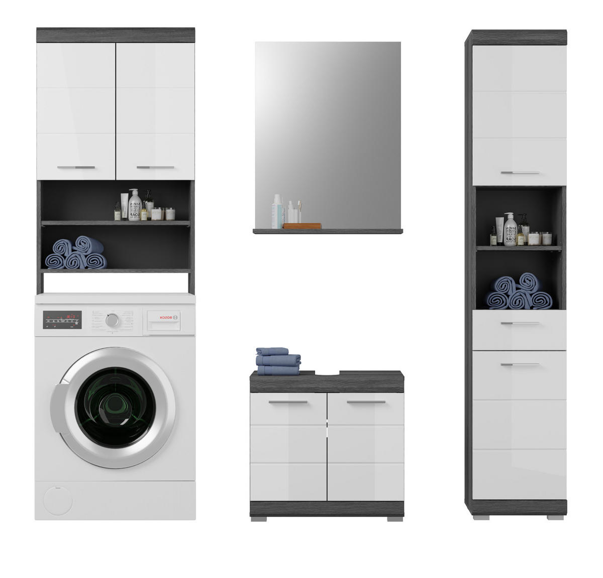 BADMÖBEL-SET weiß Hochglanz, grau 4-teilig 190 cm, Komplettset mit 14 Fächern - Weiß Hochglanz/Grau, Holzwerkstoff (190/191/34cm) - Inn.Furn