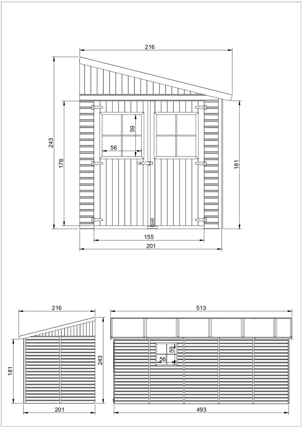 HOLZ-GARTHENHAUS (ohne Seitenwand) - H244x211x514 cm/10 m2 - M341 - Beige, Holz (216/243/493cm) - Timbela
