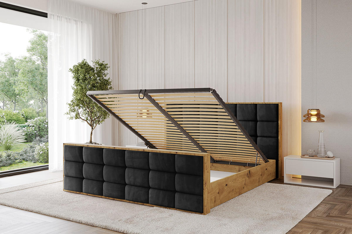POLSTERBETT mit Bettkasten, Fußteil und Lattenrost, Boxbett mit Matratze H3/H4 - ENZO2-Z 180x200 Schwarz - Schwarz, Holzwerkstoff/Textil (180/200cm) - ALTDECOR