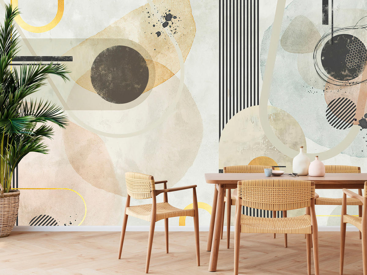 FOTOTAPETE für Wohnzimmer Geometrische Kreise Streifen Glamour 450x315 - Gelb/Beige, Papier (450/315cm) - Muralo