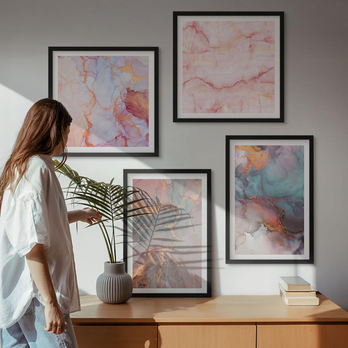 BILDER SET 4er Set - 50x50 cm & 40x60 cm Schwarzer Rahmen - Abstrakte Pastellmuster - Schwarz, Kunststoff (50/50cm) - TULUP