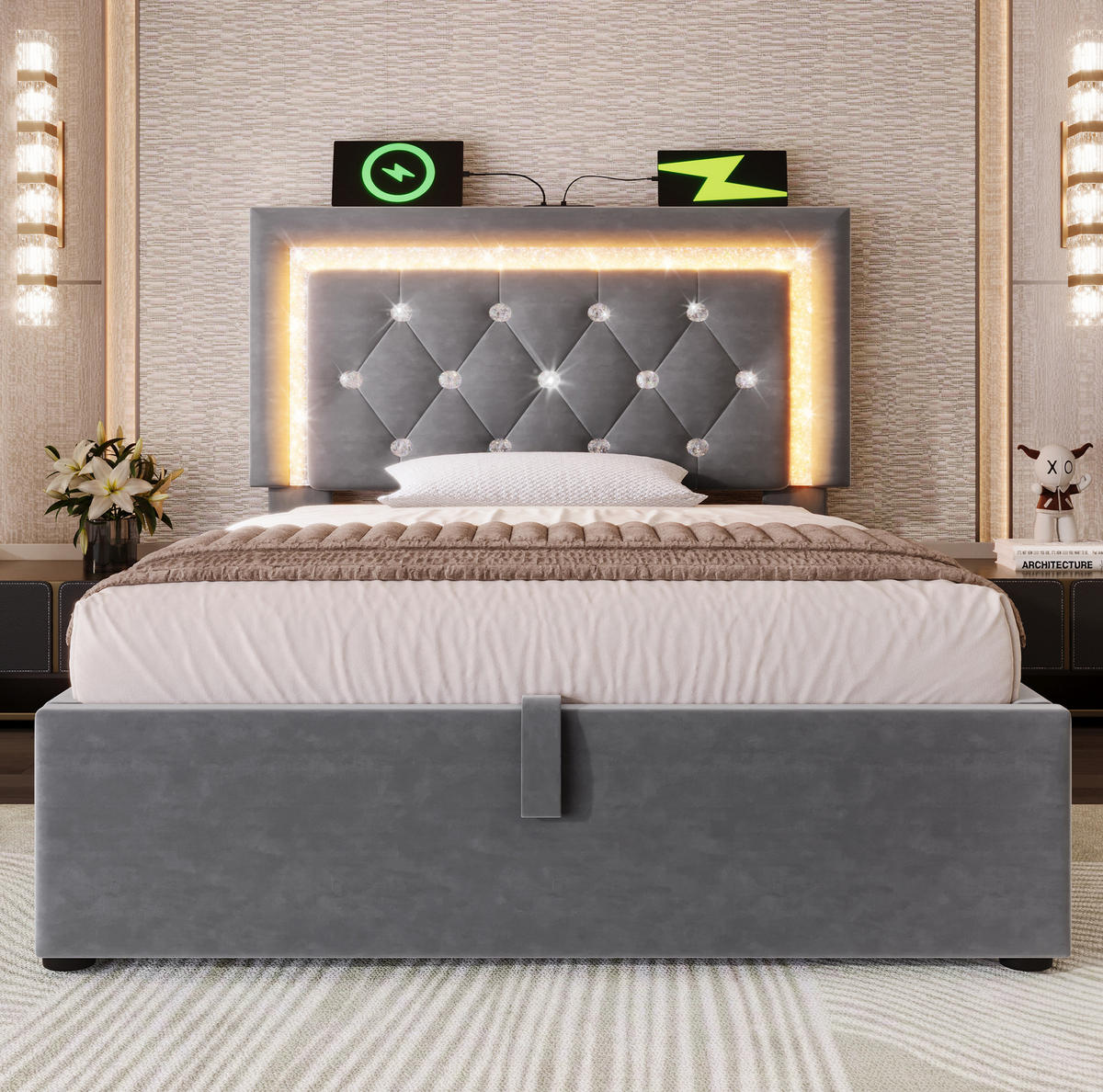 POLSTERBETT 90/200 cm aus Samt mit LED-Kopfteil USB Typ-C und Bettkasten Grau - Grau, Textil (90/200cm) - Modenvie