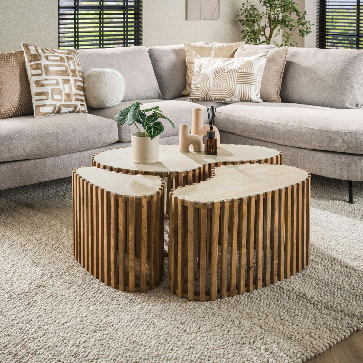COUCHTISCH-SET LORETO ORGANIC 3-teilige Satztische mit Travertin-Keramik - Braun, Holz (52/90/40cm) - alesvelt