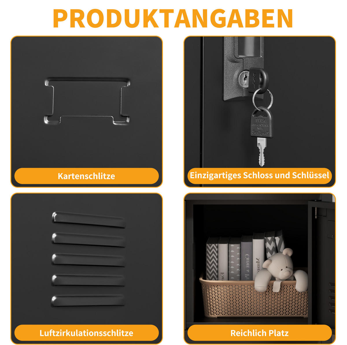 KOMMODE, 6-türiger Metallschrank mit Einzelschlössern und Kartenfächern, 90x40x100 cm, Schwarz - Schwarz, Metall (40/100/90cm) - Modfu