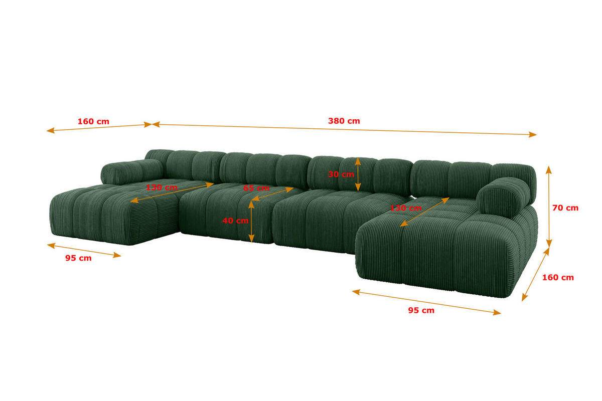 WOHNLANDSCHAFT modulares Sofa Tesso-U2 - 380x160x70 cm Grün Cord - Grün, Holzwerkstoff/Textil (380/70/160cm) - ALTDECOR