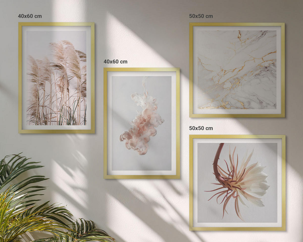 BILDER SET 4er Set - 50x50 cm & 40x60 cm Goldrahmen - Elegante Gräser, Blumen, Marmor - Goldfarben, Kunststoff (50/50cm) - TULUP