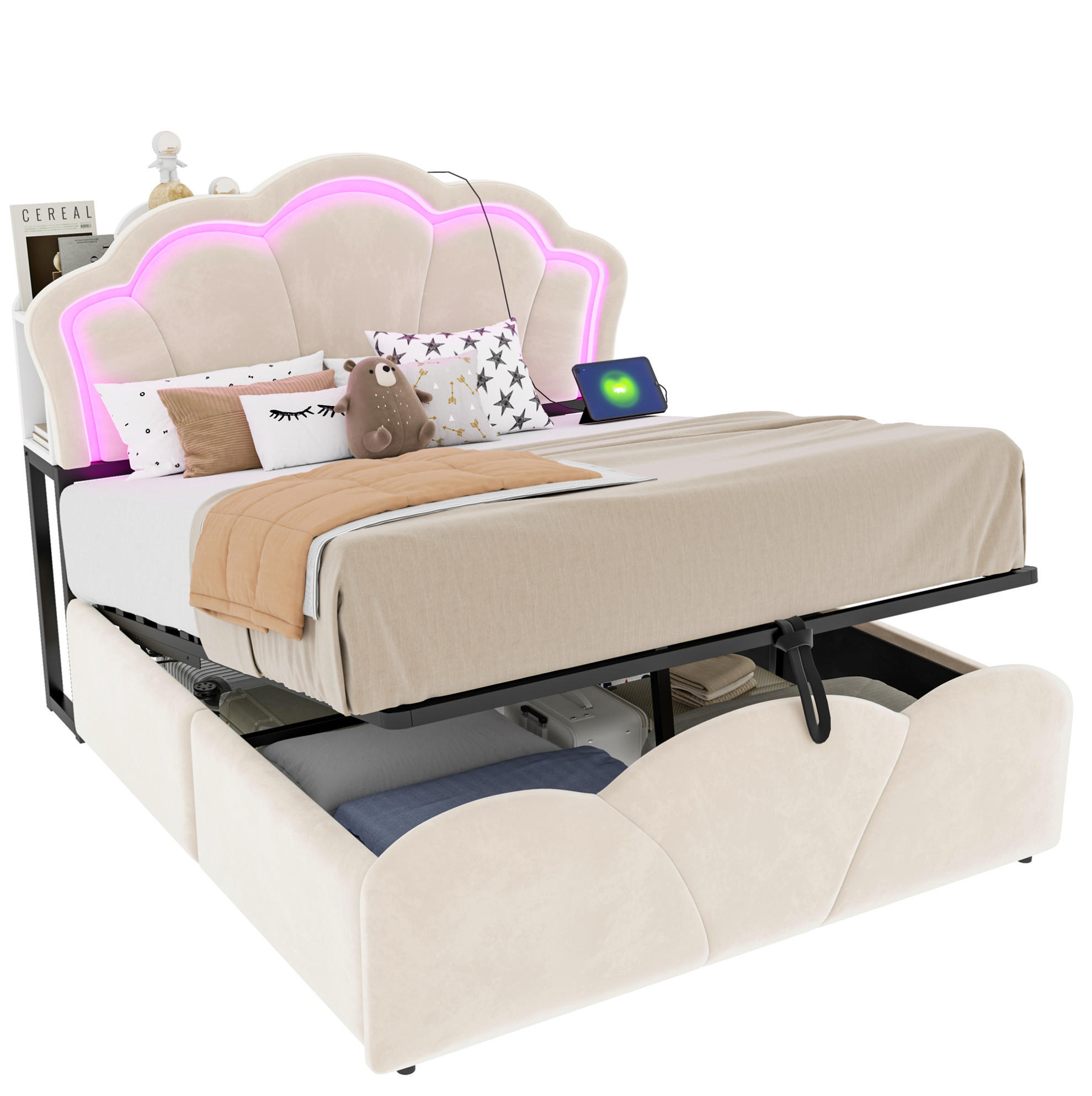 POLSTERBETT 140/200 cm aus Samt mit Stauraum, LED und Steckdosen Beige - Beige, Textil (140/200cm) - OKMYHOME