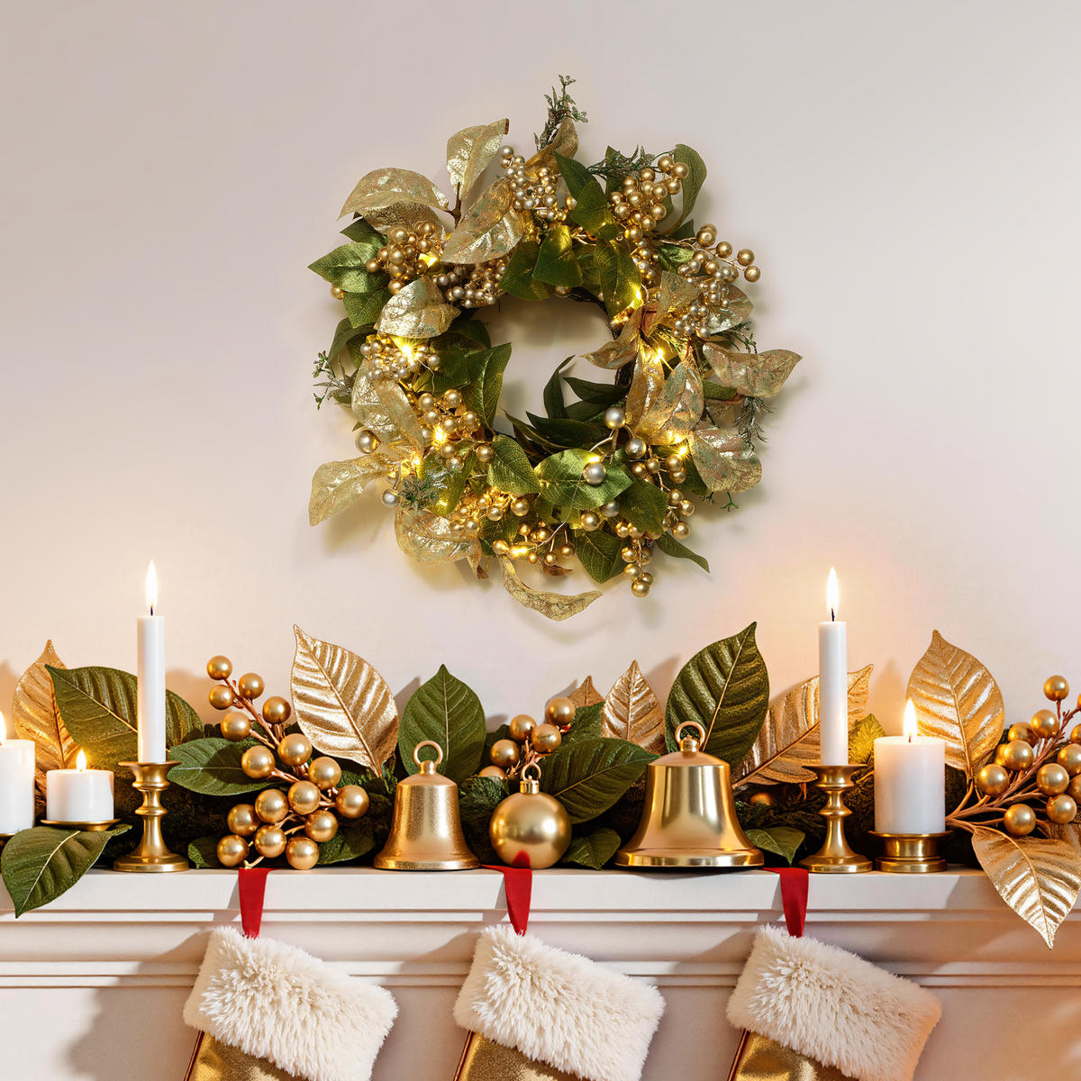 40CM Weihnachtskranz mit LED & Timer, Goldblätter & Beeren - Grün, Kunststoff (45cm) - Hometopia