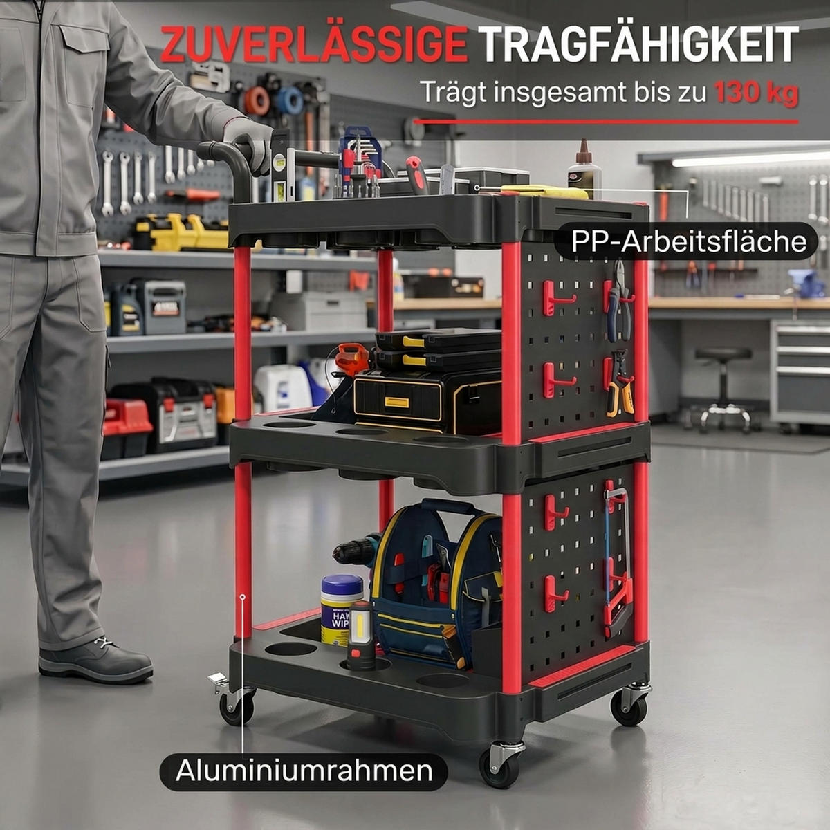 WERKZEUGWAGEN Aluminium Schwarz Rot - Schwarz, Metall (48/95.5/64cm) - HOMCOM