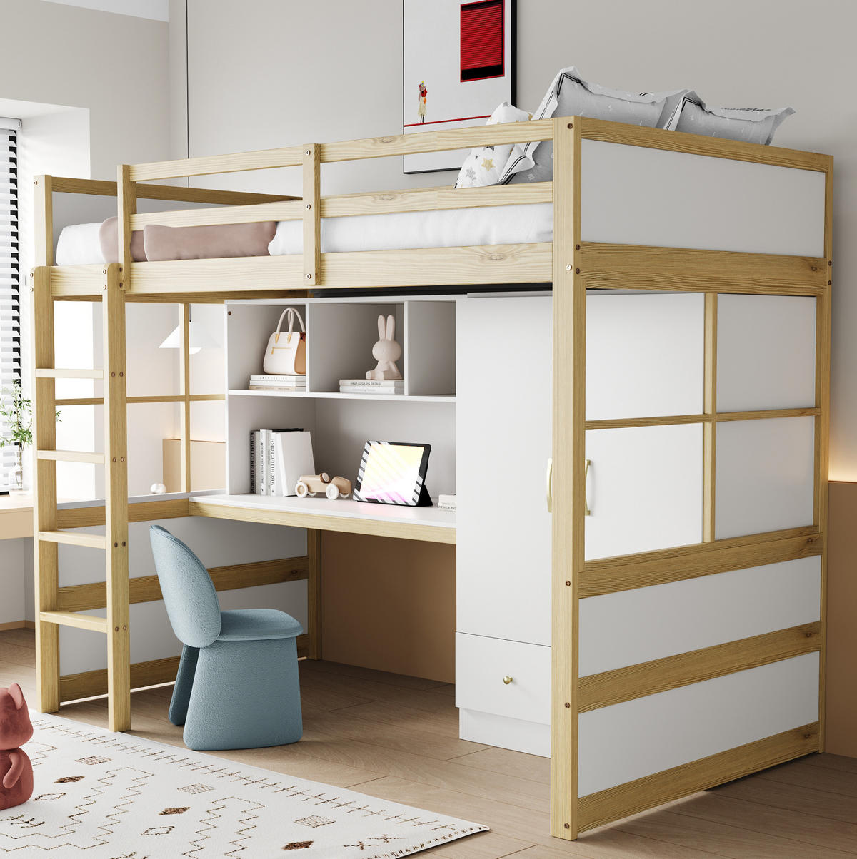 HOCHBETT 90/200 cm mit Leiter und Schreibtisch aus Holz in Natur mit Matratze - Naturfarben, Holzwerkstoff (90/200cm) - OKWISH