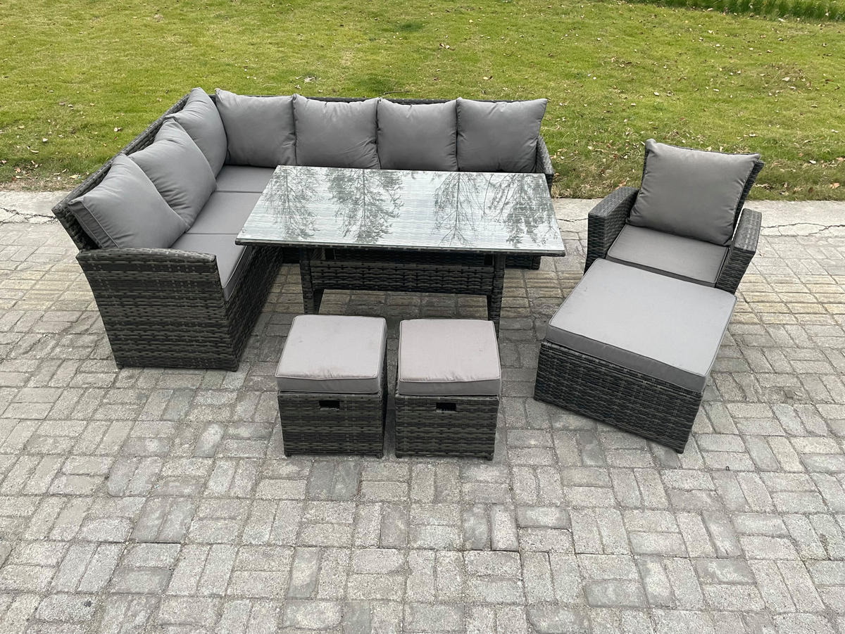 SITZGRUPPE mit Esstisch,3 Fußhocker,Stuhl Polyrattan Dunkelgrau 10-Sitzer - Dunkelgrau/Grau, Glas/Kunststoff - Fimous