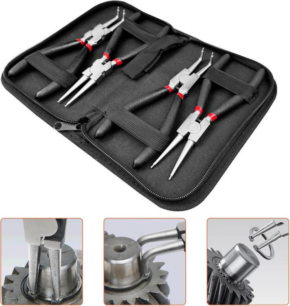 ZANGEN – 4 Stück (Außensicherungsringzange, Innensicherungsringzange, gerade Zange und abgewinkelte Zange) - Schwarz, Metall (22/2.5/14cm) - DCA