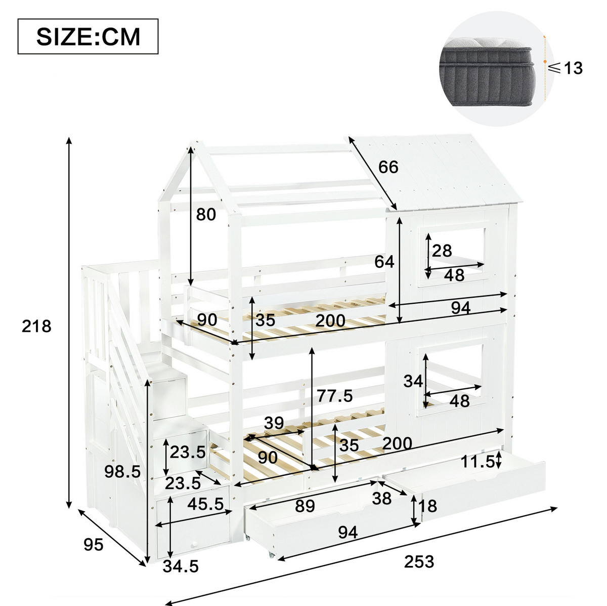 ETAGENBETT mit Treppenschrank und Schublade 90x200 cm Kiefer/MDF Weiß - Weiß, Holzwerkstoff (90/200cm) - Beauniv
