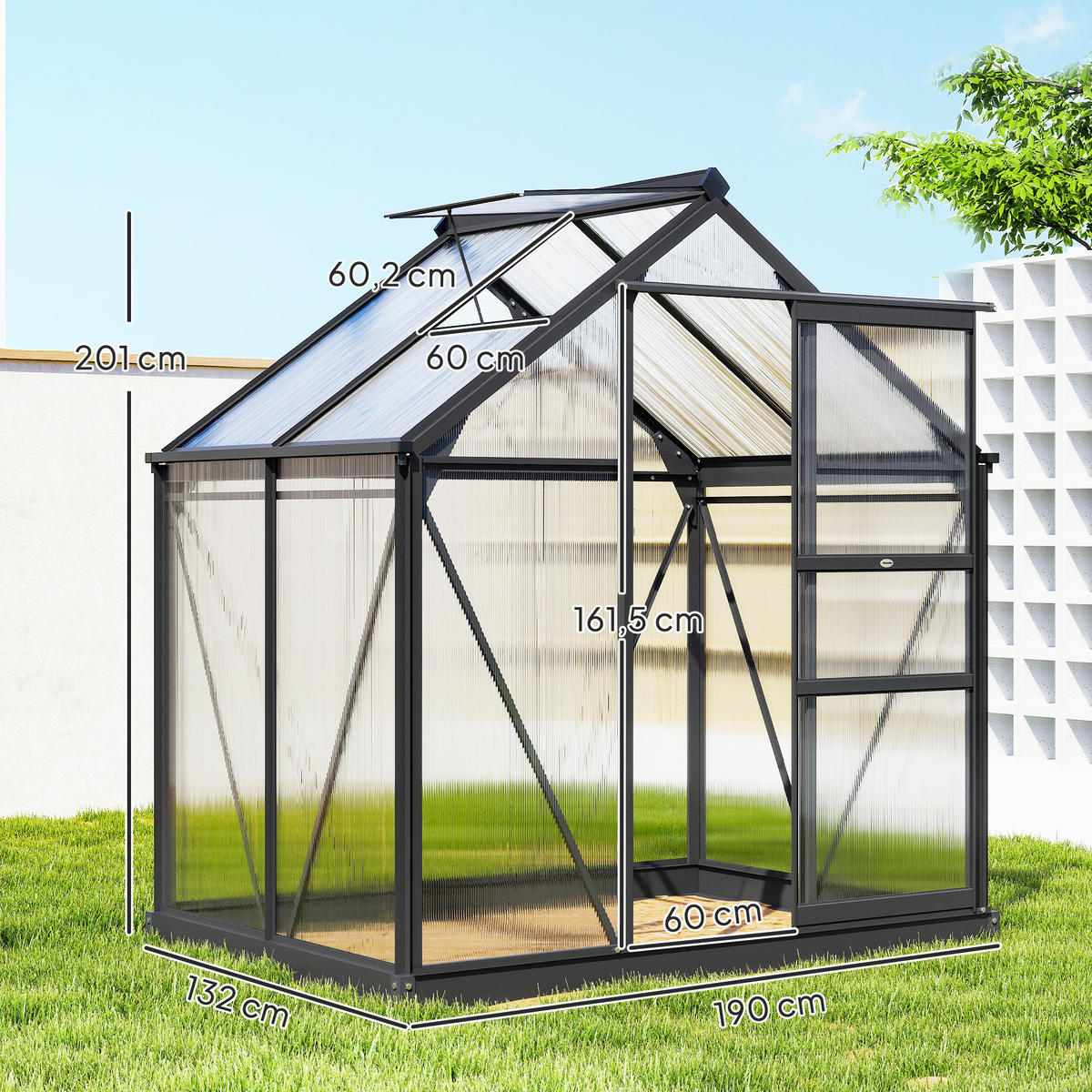 GEWÄCHSHAUS mit Dachfenster mit Tür mit Fundament, Alu+Polycarbonat, Grau+Transparent - Transparent/Grau, Kunststoff/Metall (132/201/190cm) - Outsunny