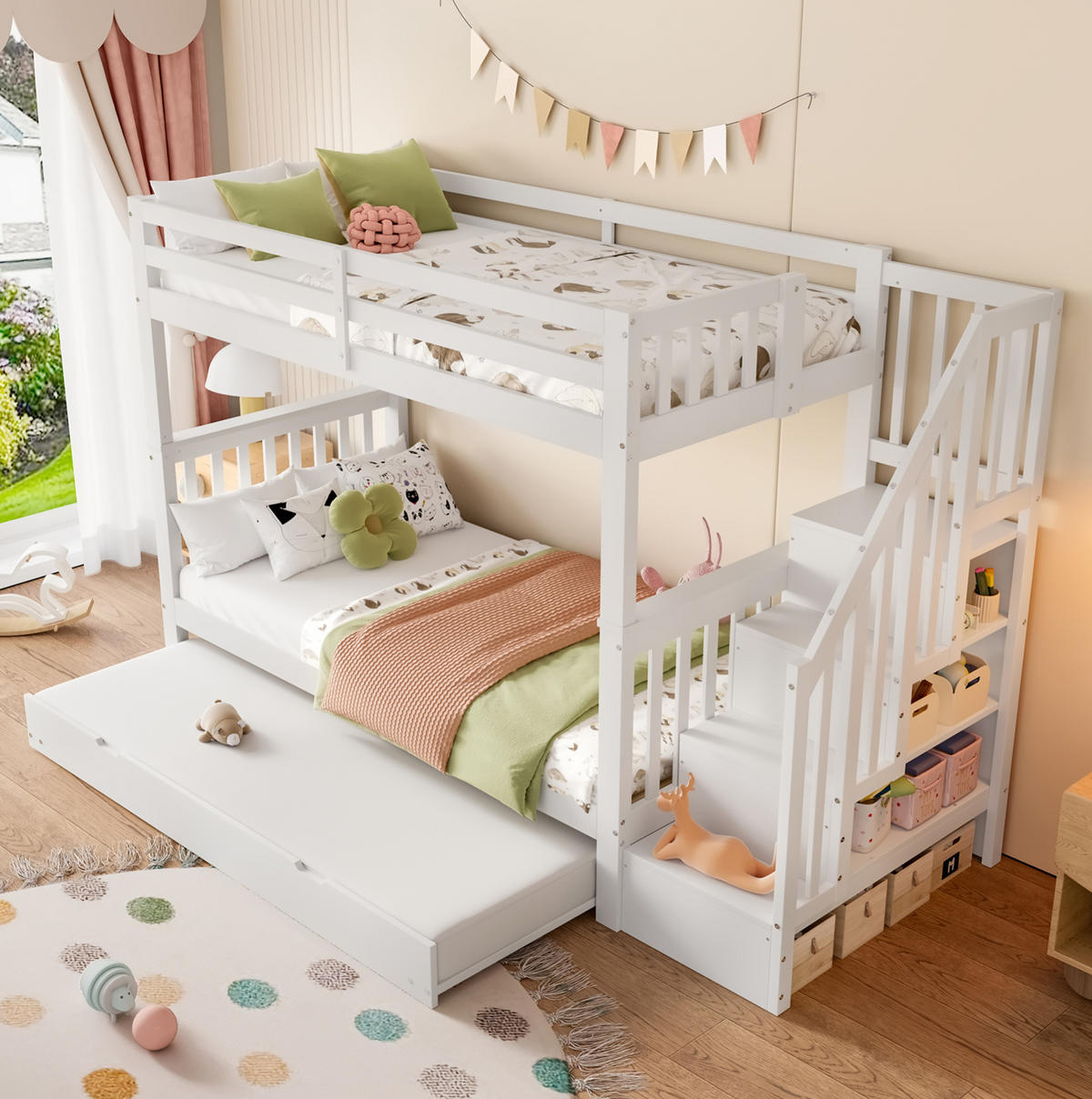 ETAGENBETT 90/200 cm in Weiß mit Treppenregal und ausziehbarem Rollbett - Weiß, Holzwerkstoff (90/200cm) - BEAOK