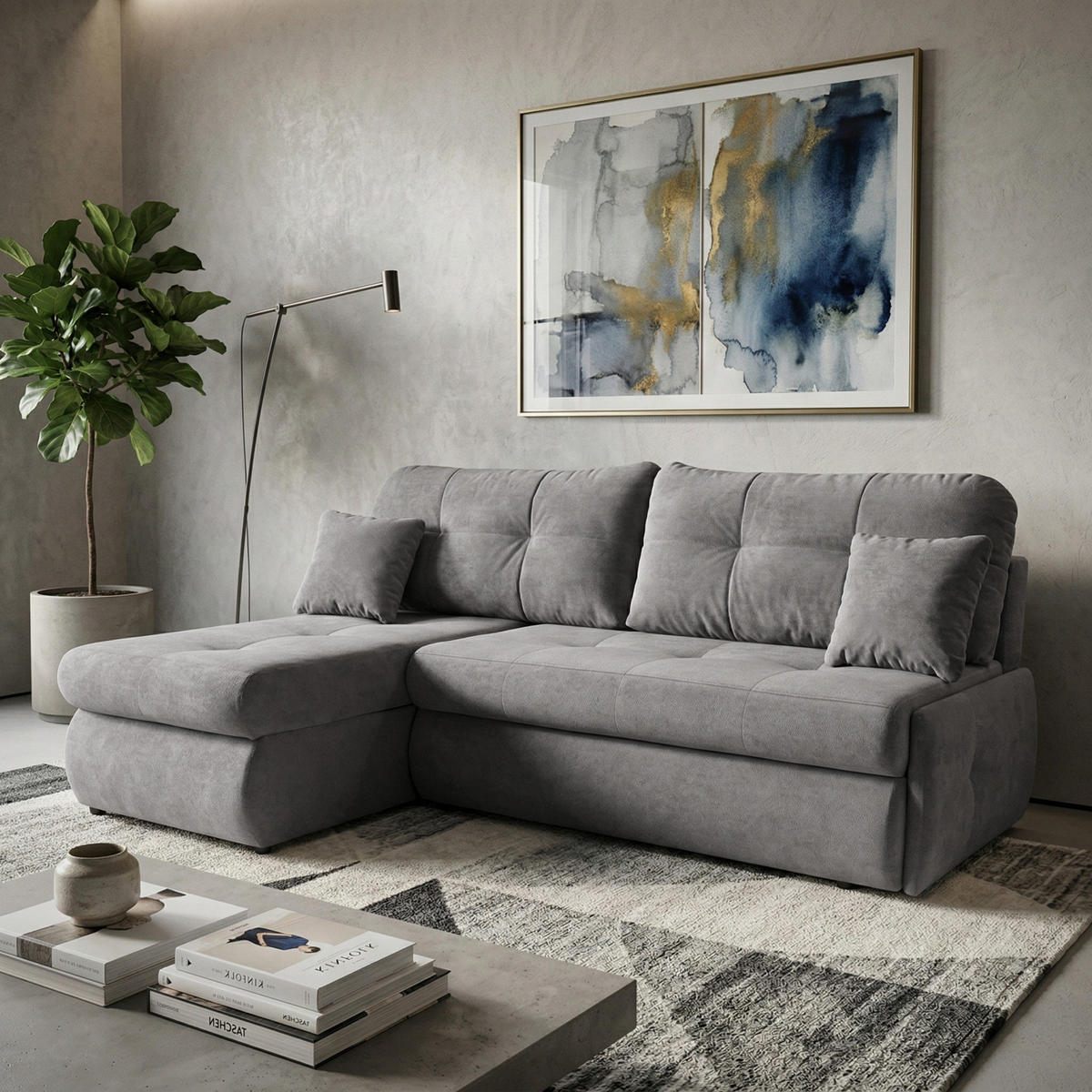 ECKSCHLAFSOFA Tino mit Schlaffunktion und Bettkasten, universeller Ottomane, Grau - Grau, Textil (216/155cm) - Beautysofa