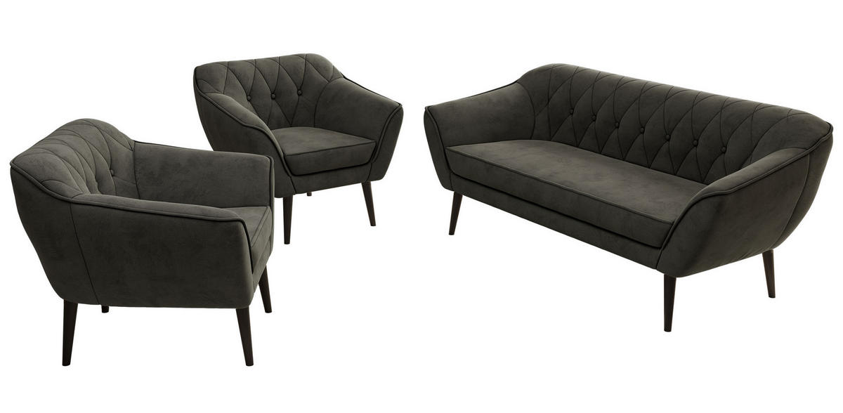 SITZGARNITUR PIRS 3+1+1 - Dunkelgrau Velvet - Schwarze Beine - Dunkelgrau/Schwarz, Holzwerkstoff/Textil (180/75/74cm) - MKS