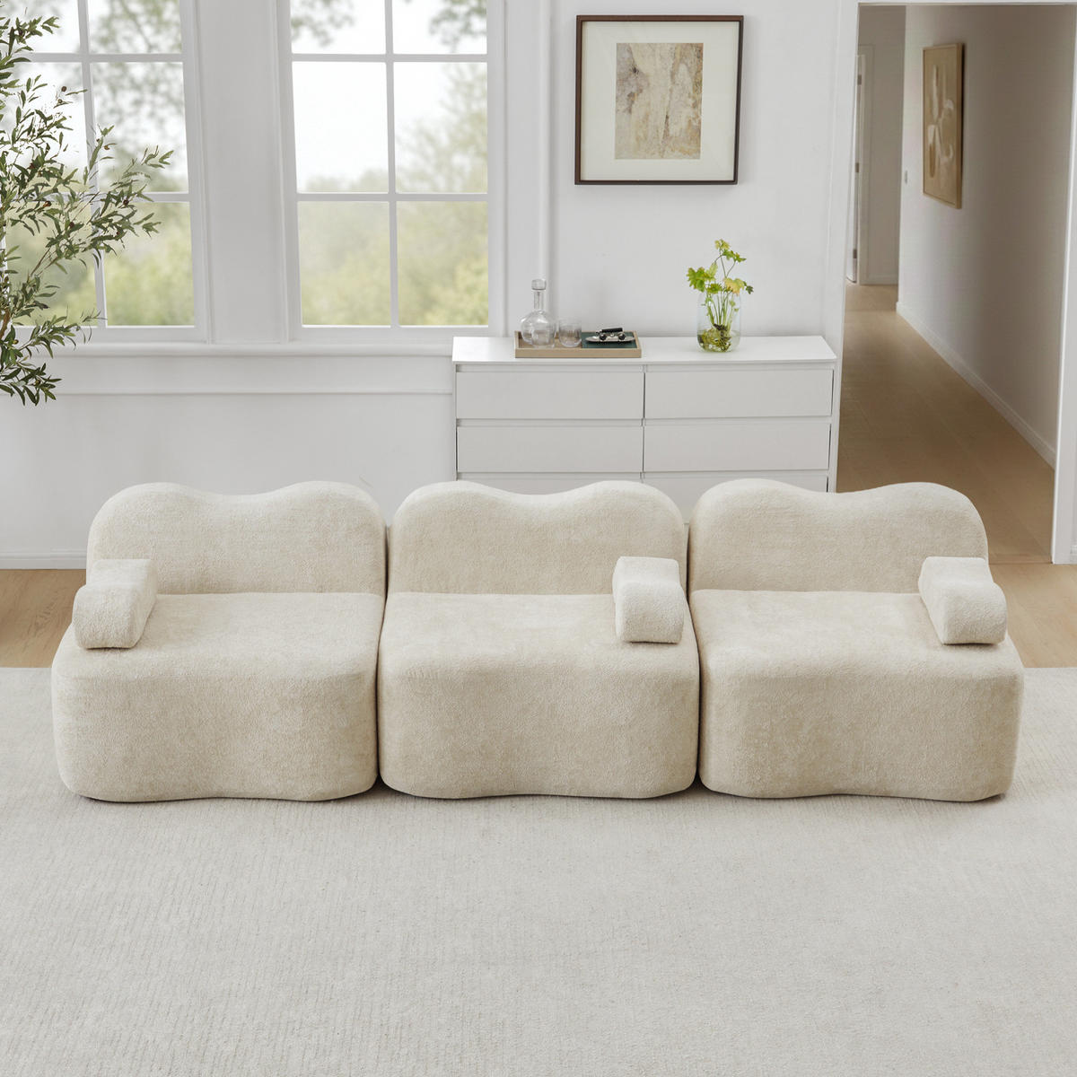 3-SITZER Sofa mit tiefer Sitzfläche, Wellenform und Samtbezug, Beige - Beige, Textil (288/70/98cm) - Redom