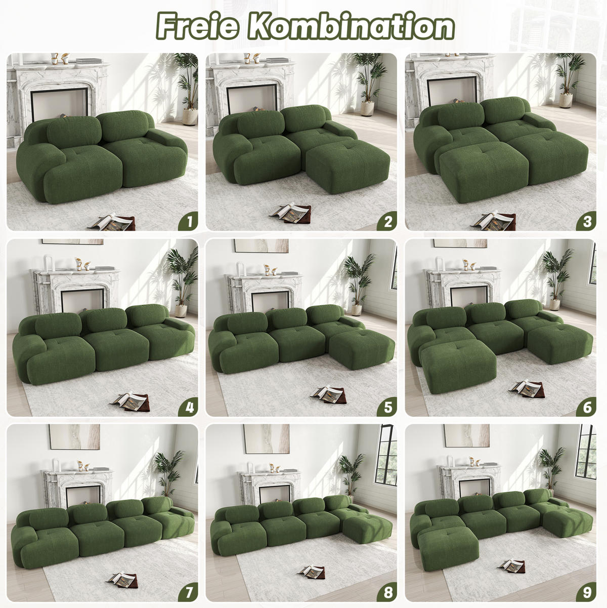 ECKSOFA 208/178/75 cm grün aus Cordstoff modular und montagelos - Grün, Textil (178/208cm) - OKWISH